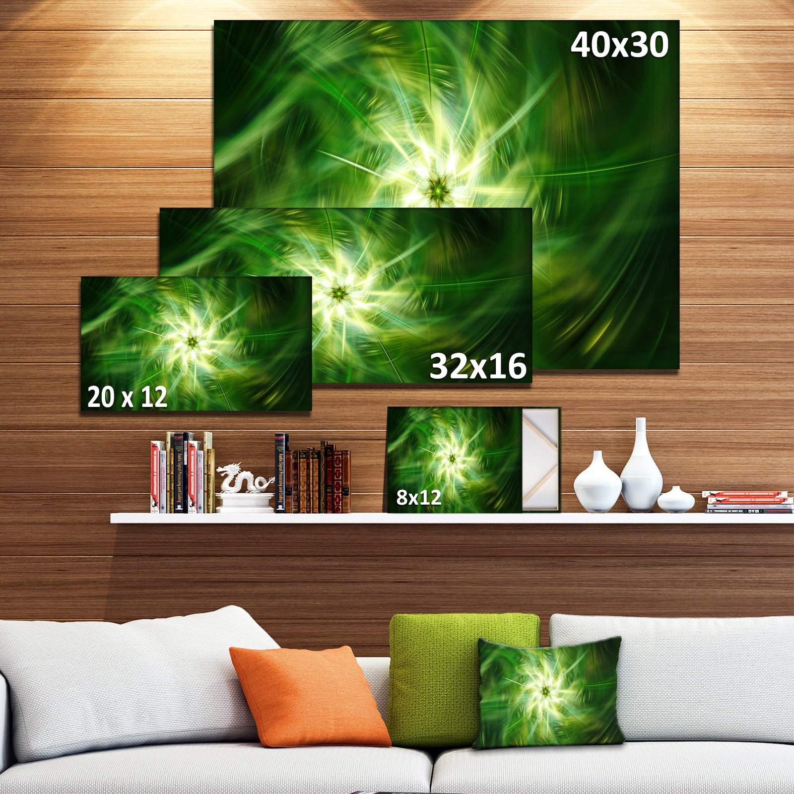 Rotating Fractal Green Fireworks - Extra Large Floral Wall Art on Canvas