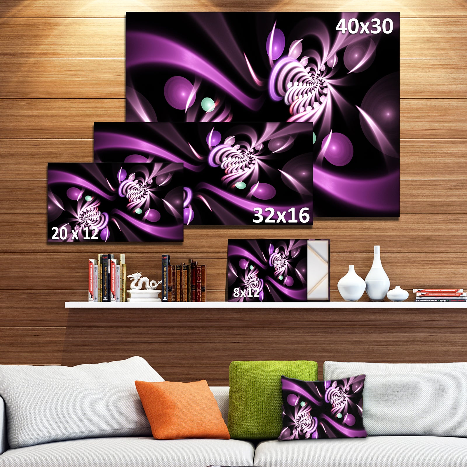 Purple on Black 3D Surreal Art - Extra Large Floral Wall Art on Canvas