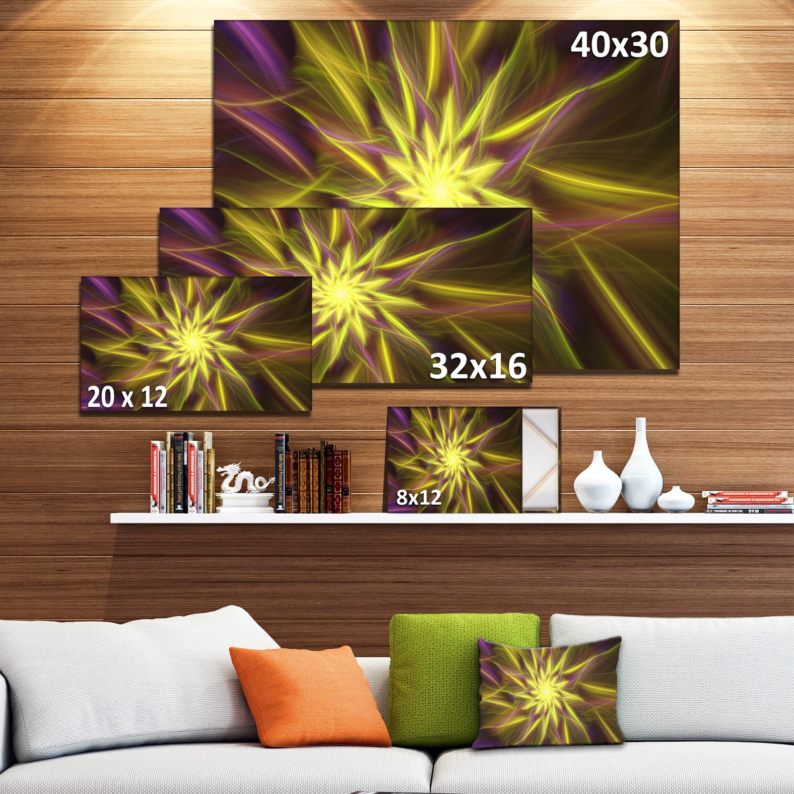 Shining Golden Exotic Fractal Flower - Extra Large Floral Canvas Art Print