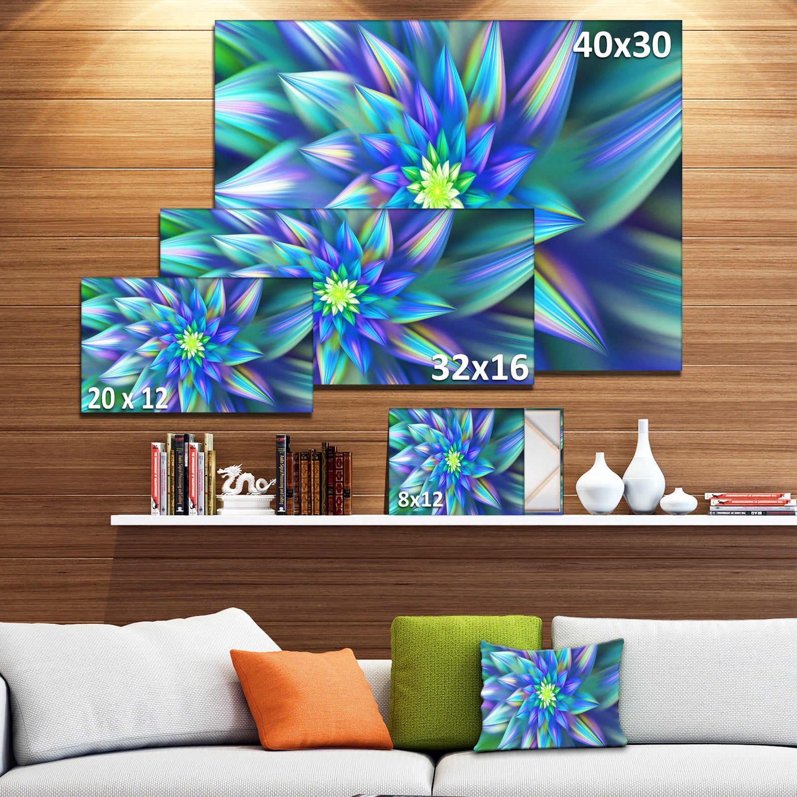 Huge Light Blue Fractal Flower - Extra Large Floral Canvas Art Print