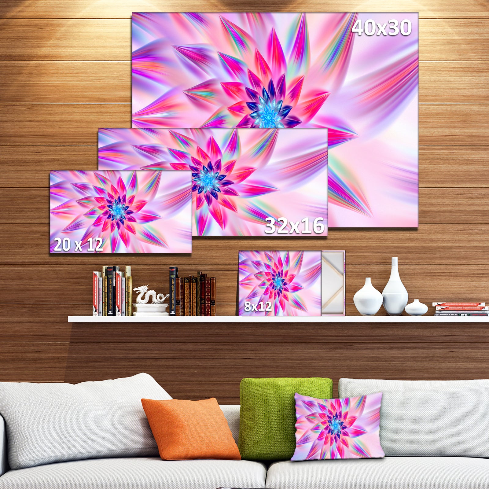 Huge Pink Blue Fractal Flower - Extra Large Floral Canvas Art Print