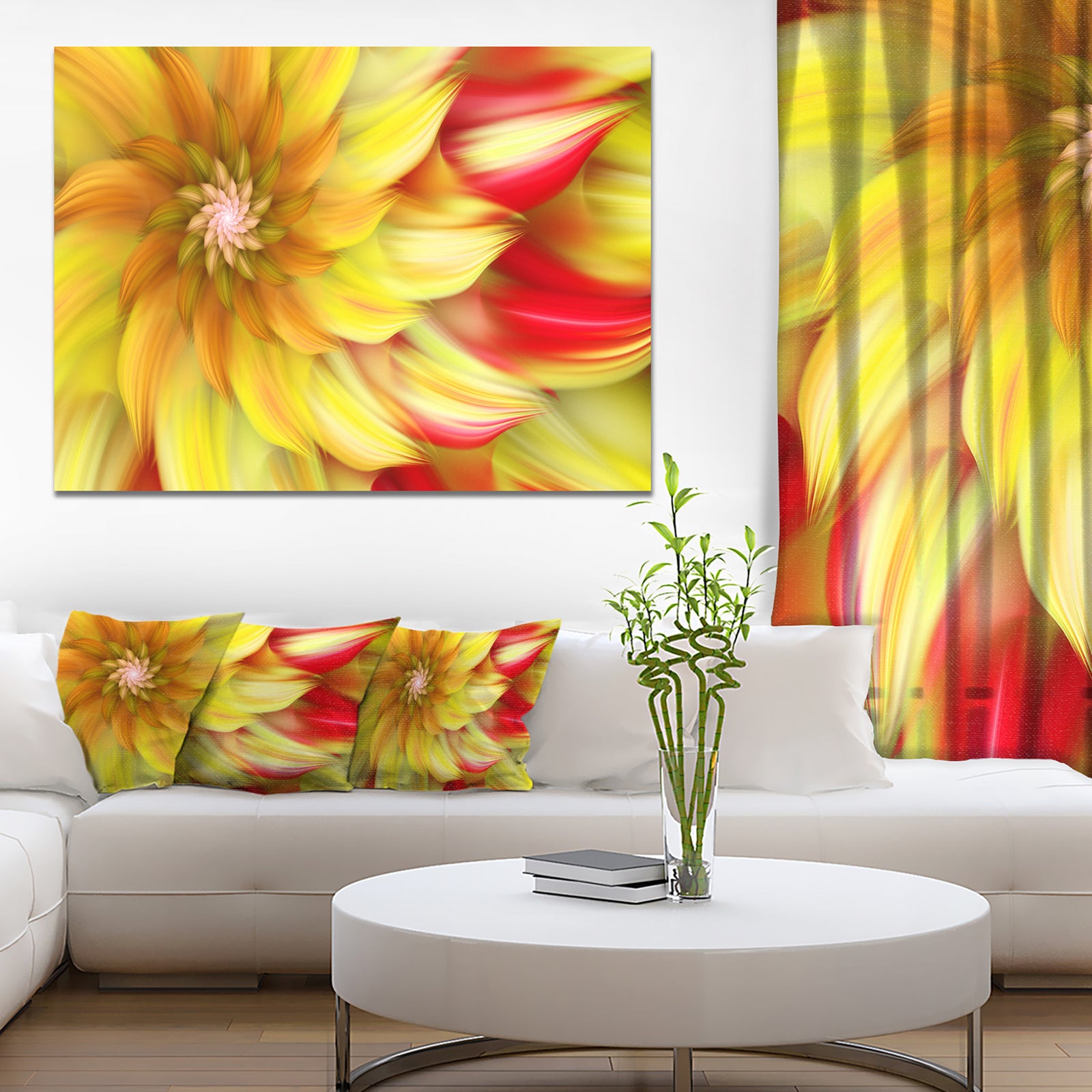 Rotating Yellow Red Fractal Flower - Extra Large Floral Canvas Art Print