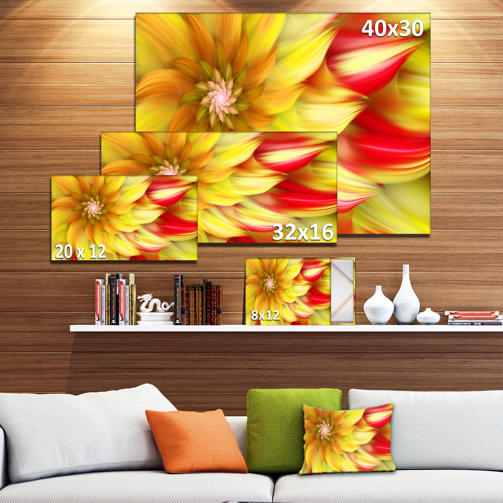 Rotating Yellow Red Fractal Flower - Extra Large Floral Canvas Art Print
