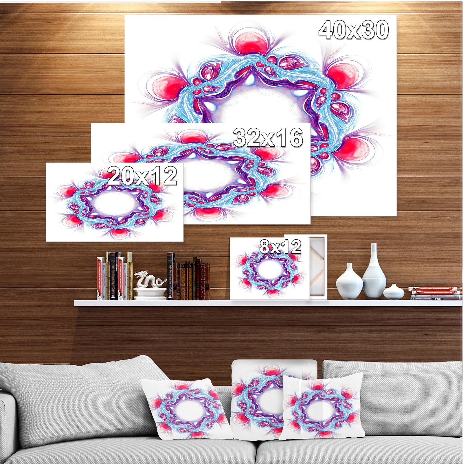Blue Red Fractal Flower on White - Extra Large Floral Canvas Art Print