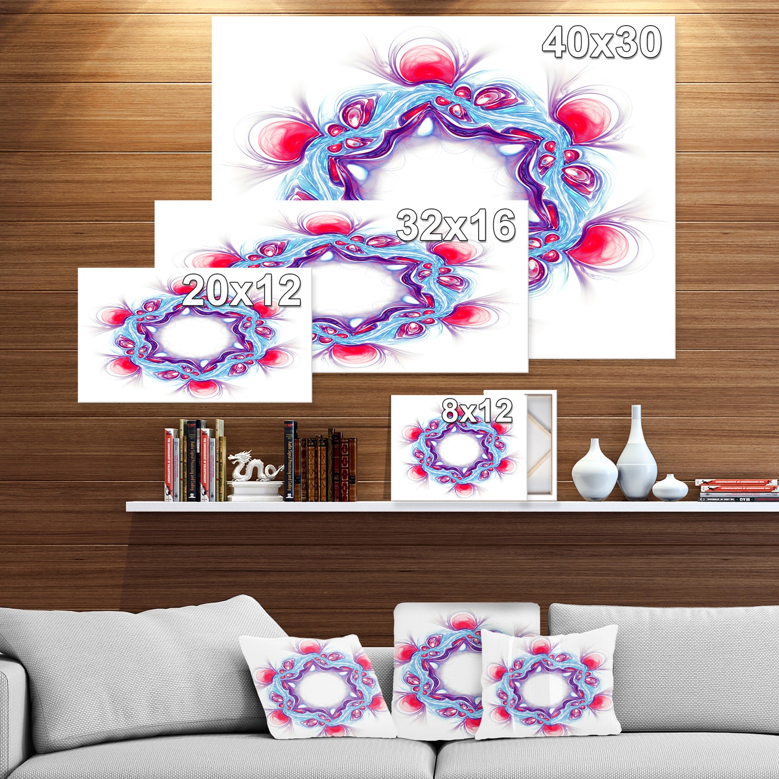 Blue Red Fractal Flower on White - Extra Large Floral Canvas Art Print