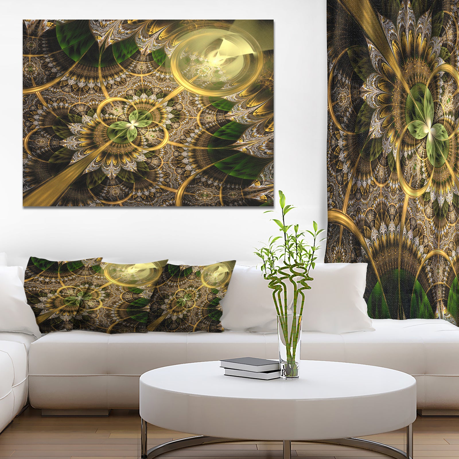 Dark Green and Gold Fractal Flower - Extra Large Floral Canvas Art Print
