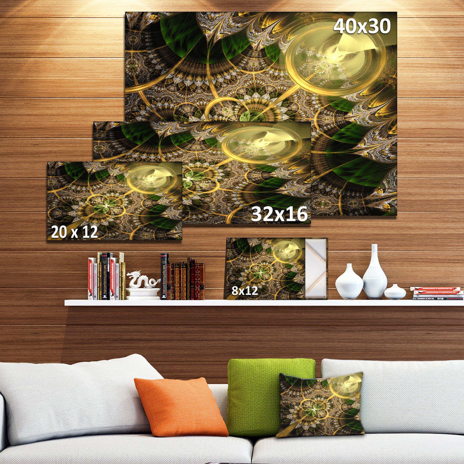 Dark Green and Gold Fractal Flower - Extra Large Floral Canvas Art Print