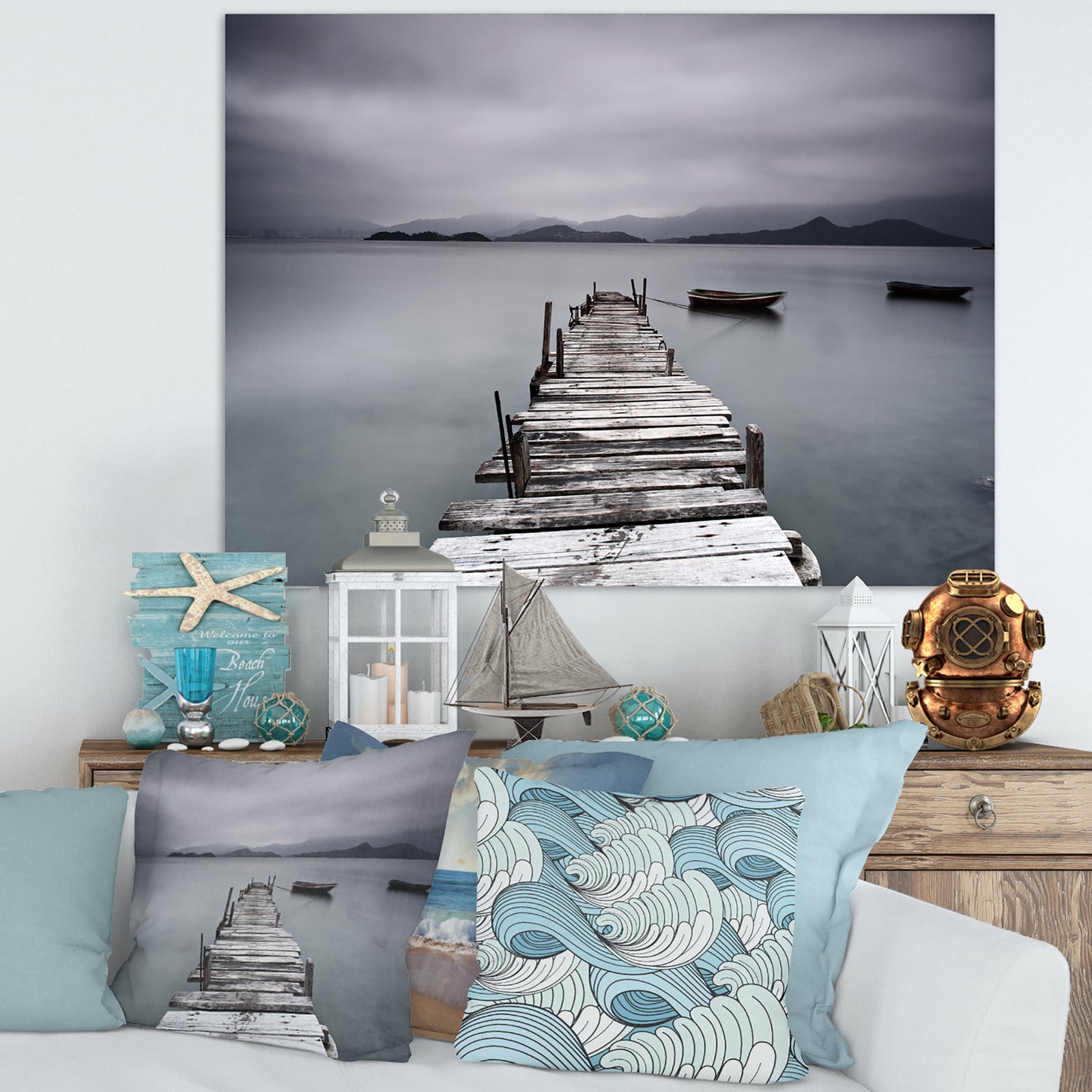 Pier and Boats at Seashore - Bridge and Pier Canvas Wall Art