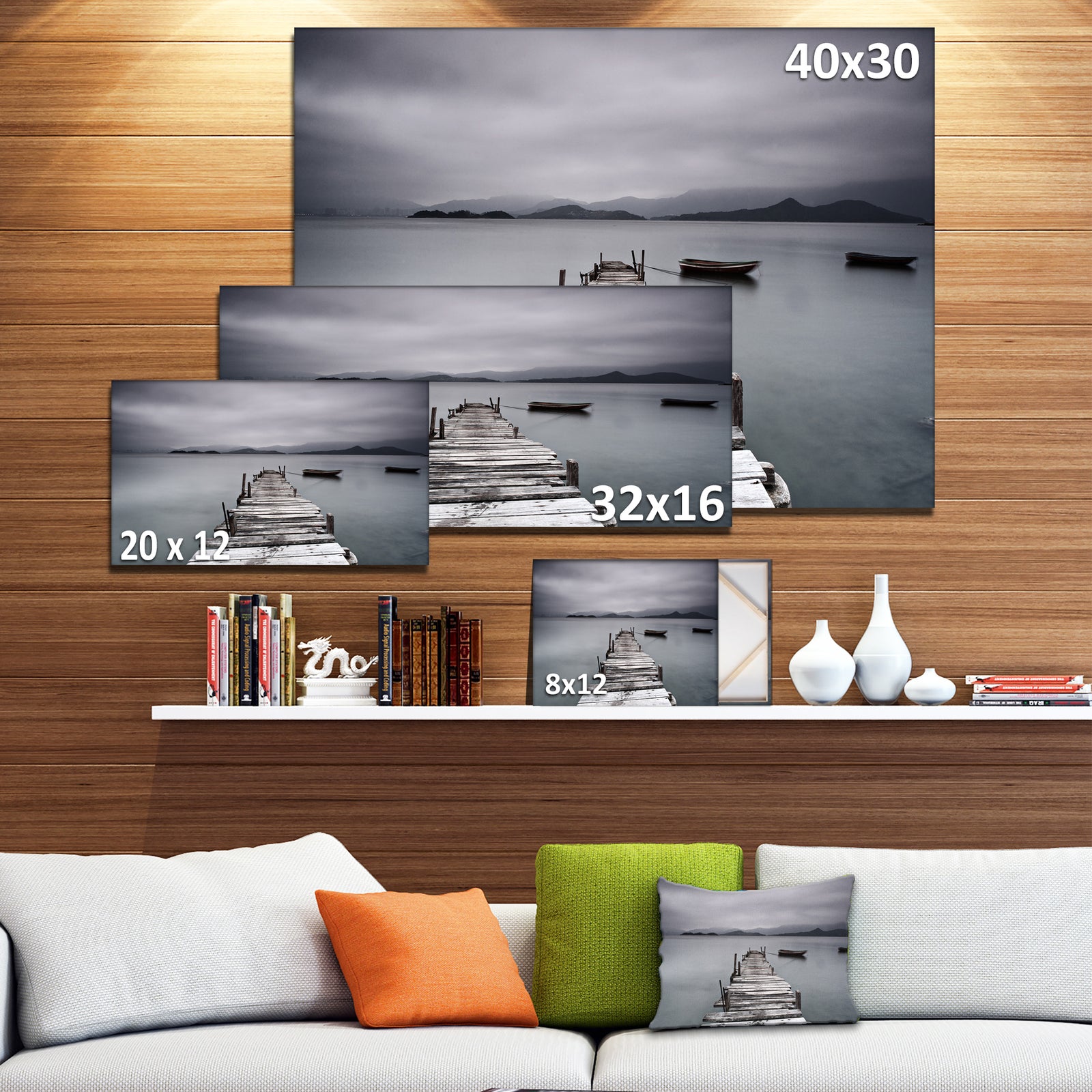 Pier and Boats at Seashore - Bridge and Pier Canvas Wall Art