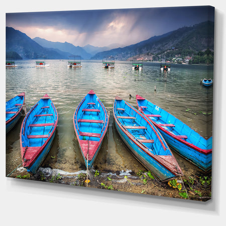 Row of Blue Boats in Pokhara Lake - Boat Wall Artwork on Canvas