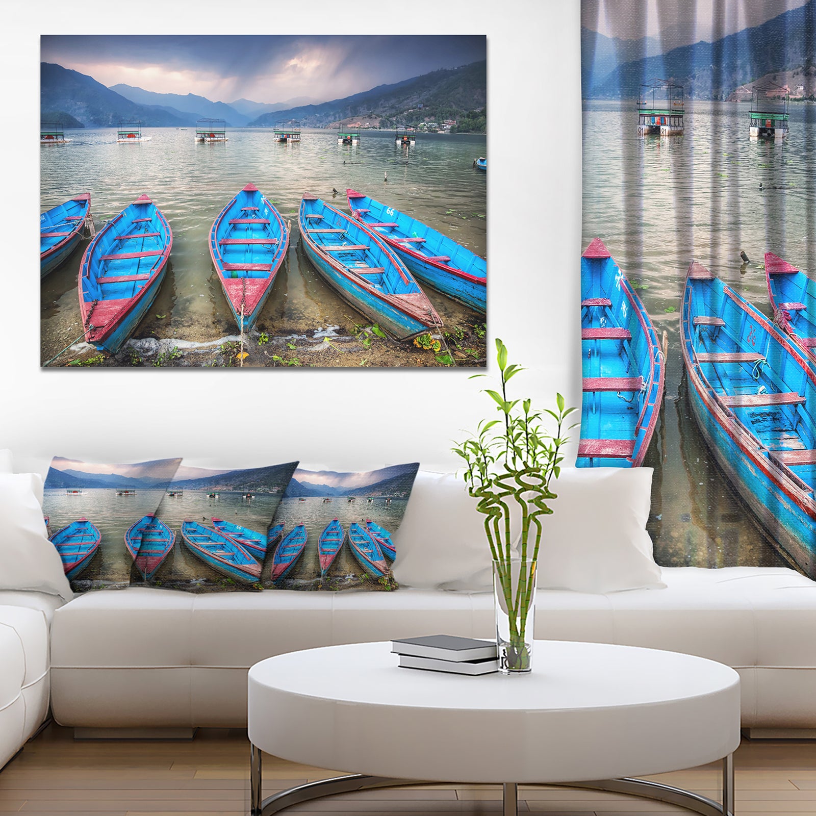 Row of Blue Boats in Pokhara Lake - Boat Wall Artwork on Canvas
