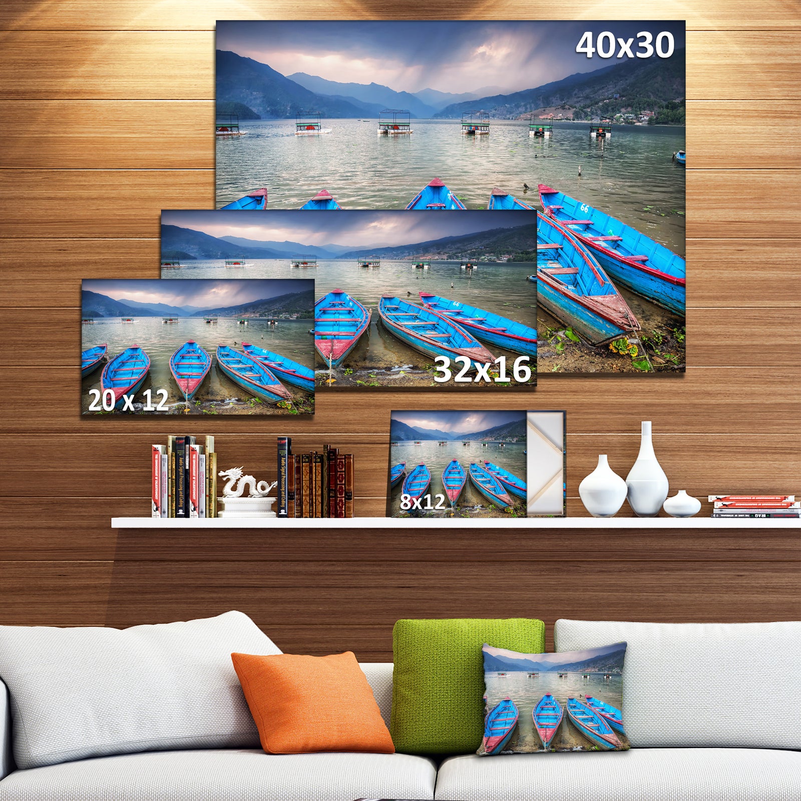 Row of Blue Boats in Pokhara Lake - Boat Wall Artwork on Canvas