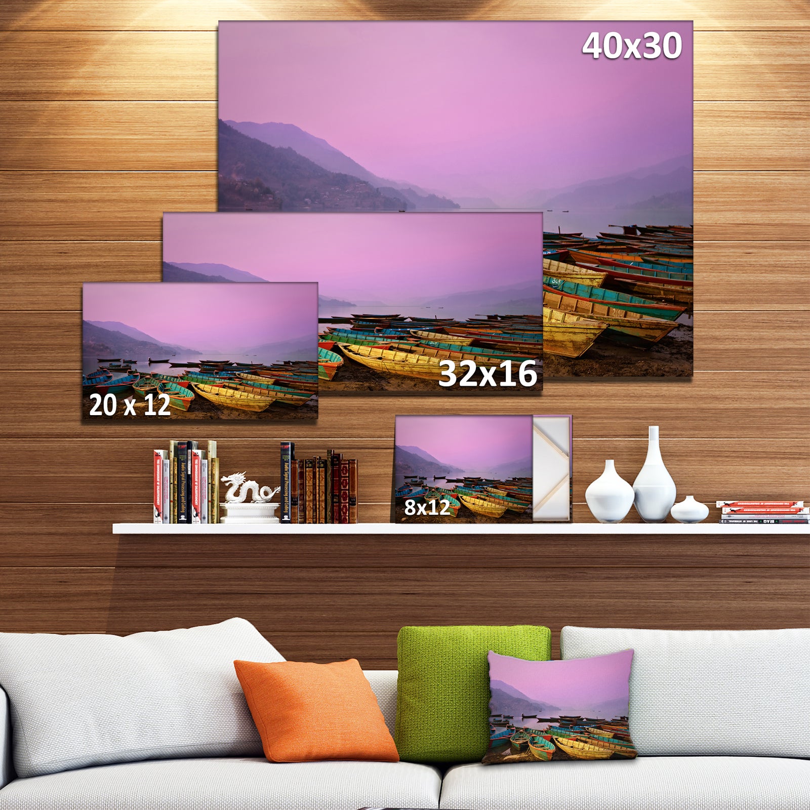 Boats under Twilight Sky in Phewa - Boat Wall Artwork on Canvas