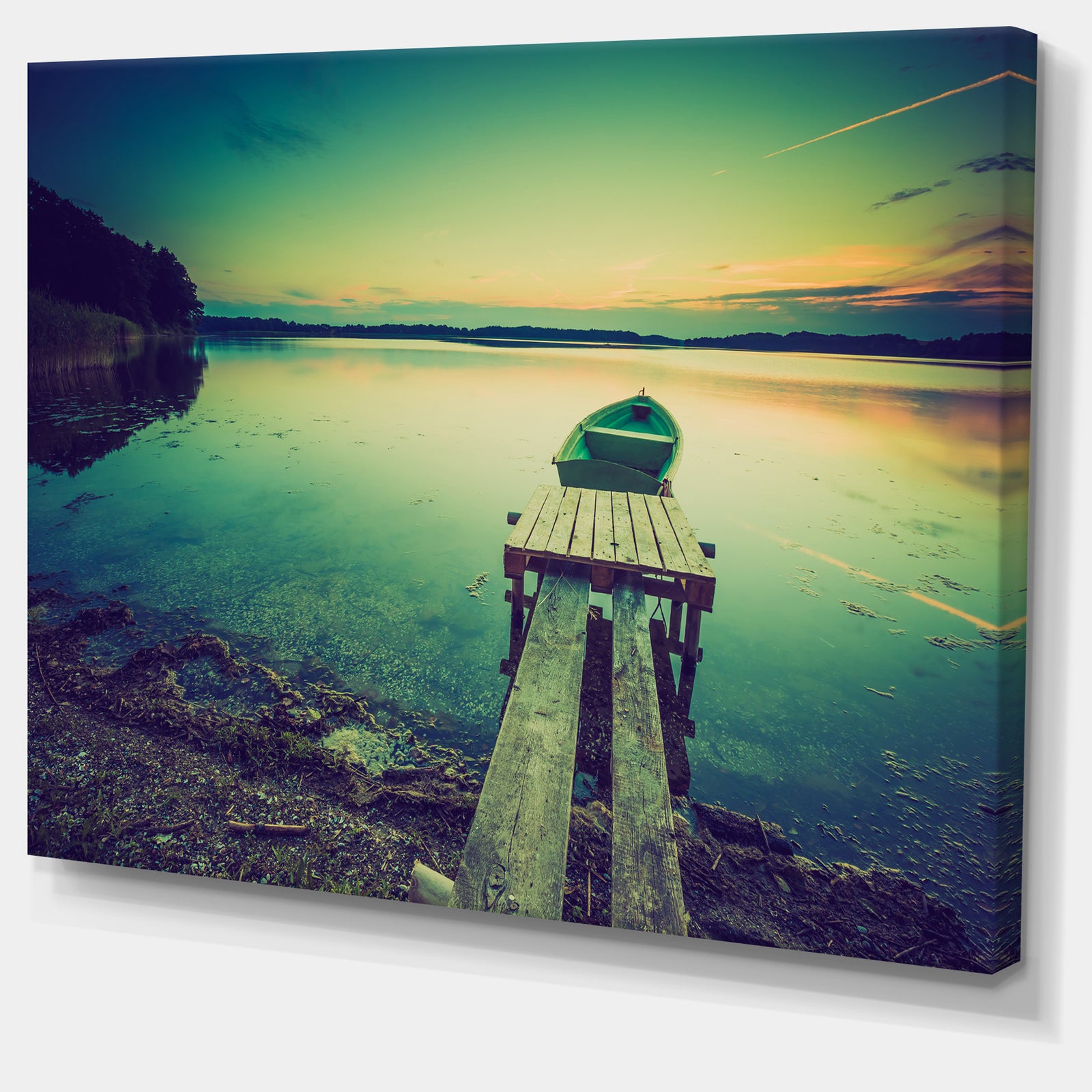 Pier and Boat in Vintage Lake - Boat Canvas Artwork