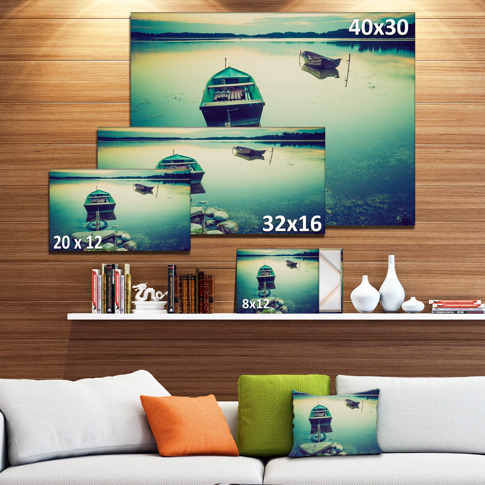 Boats in Vintage Style Lake - Boat Canvas Artwork