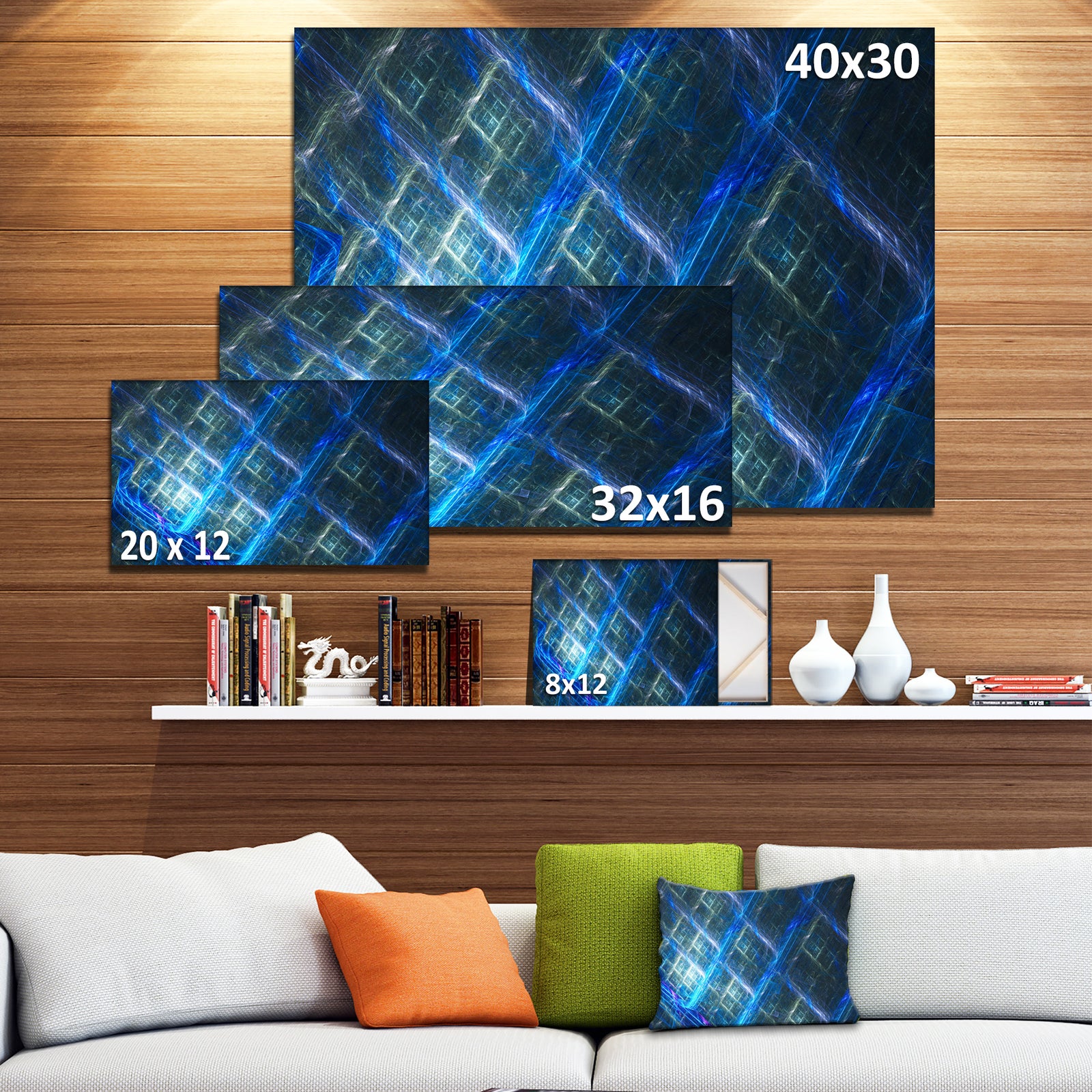 Glowing Blue Fractal Grill - Extra Large Abstract Art on Canvas