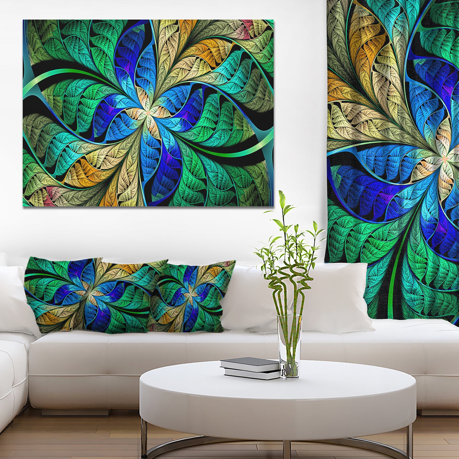 Blue Green Fractal Flower Petals - Large Wall Art on Canvas
