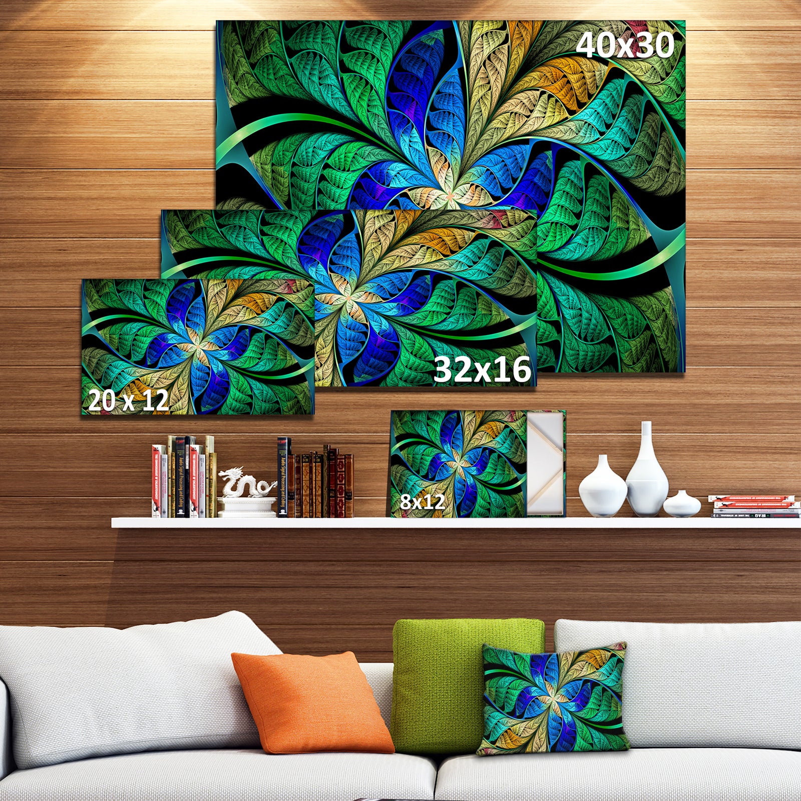 Blue Green Fractal Flower Petals - Large Wall Art on Canvas
