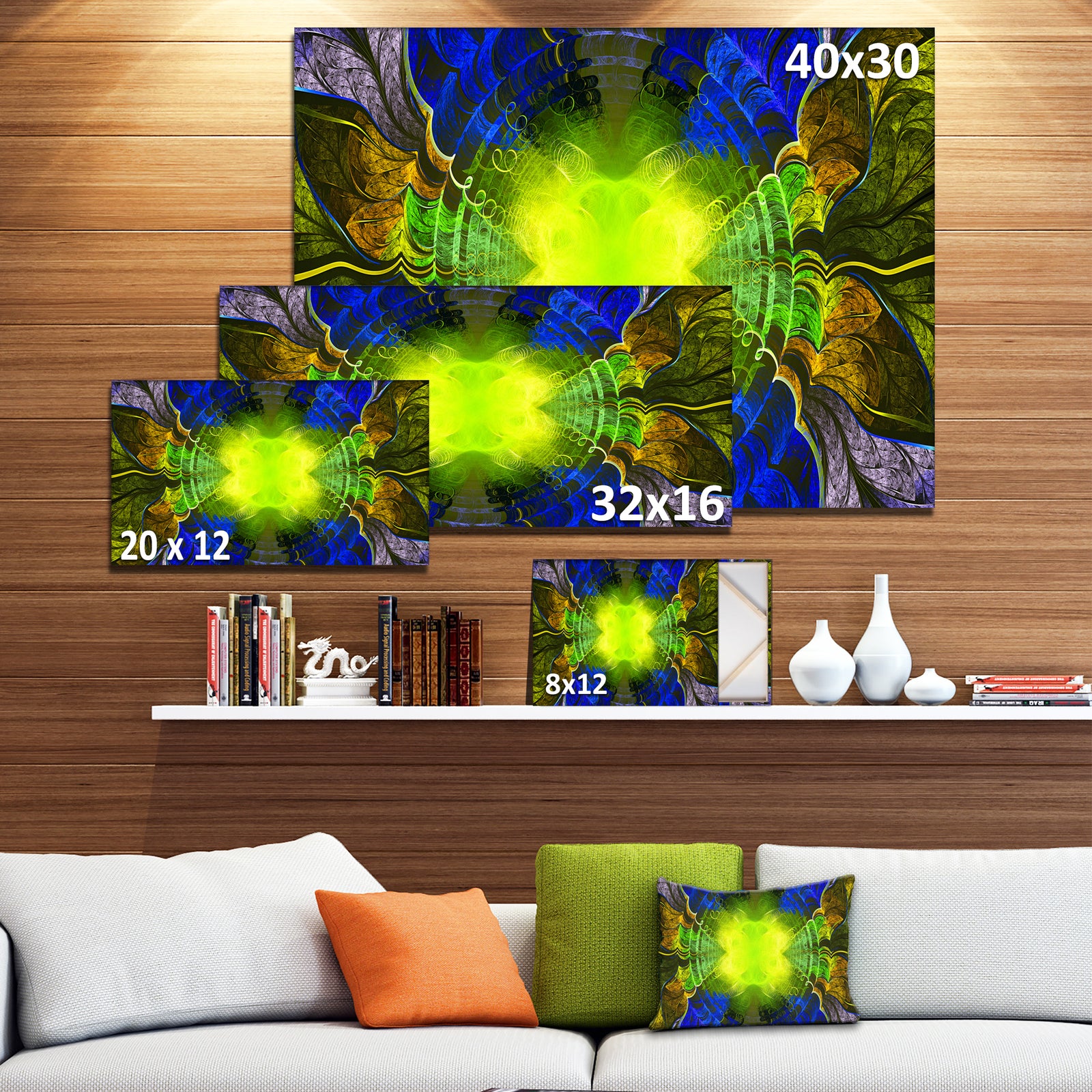 Green Golden Fractal Stained Glass - Large Wall Art on Canvas