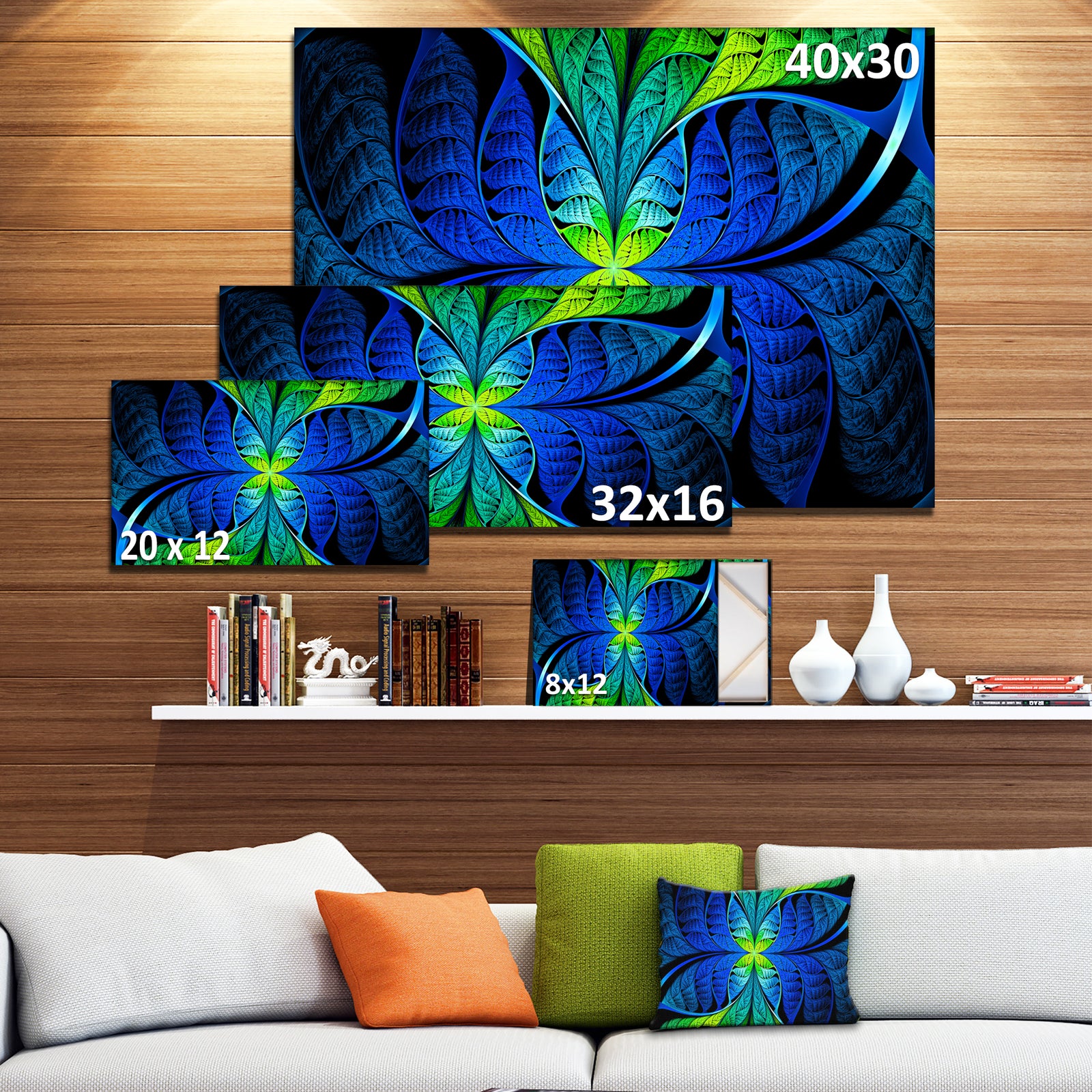 Blue Green Fractal Stained Glass - Large Wall Art on Canvas