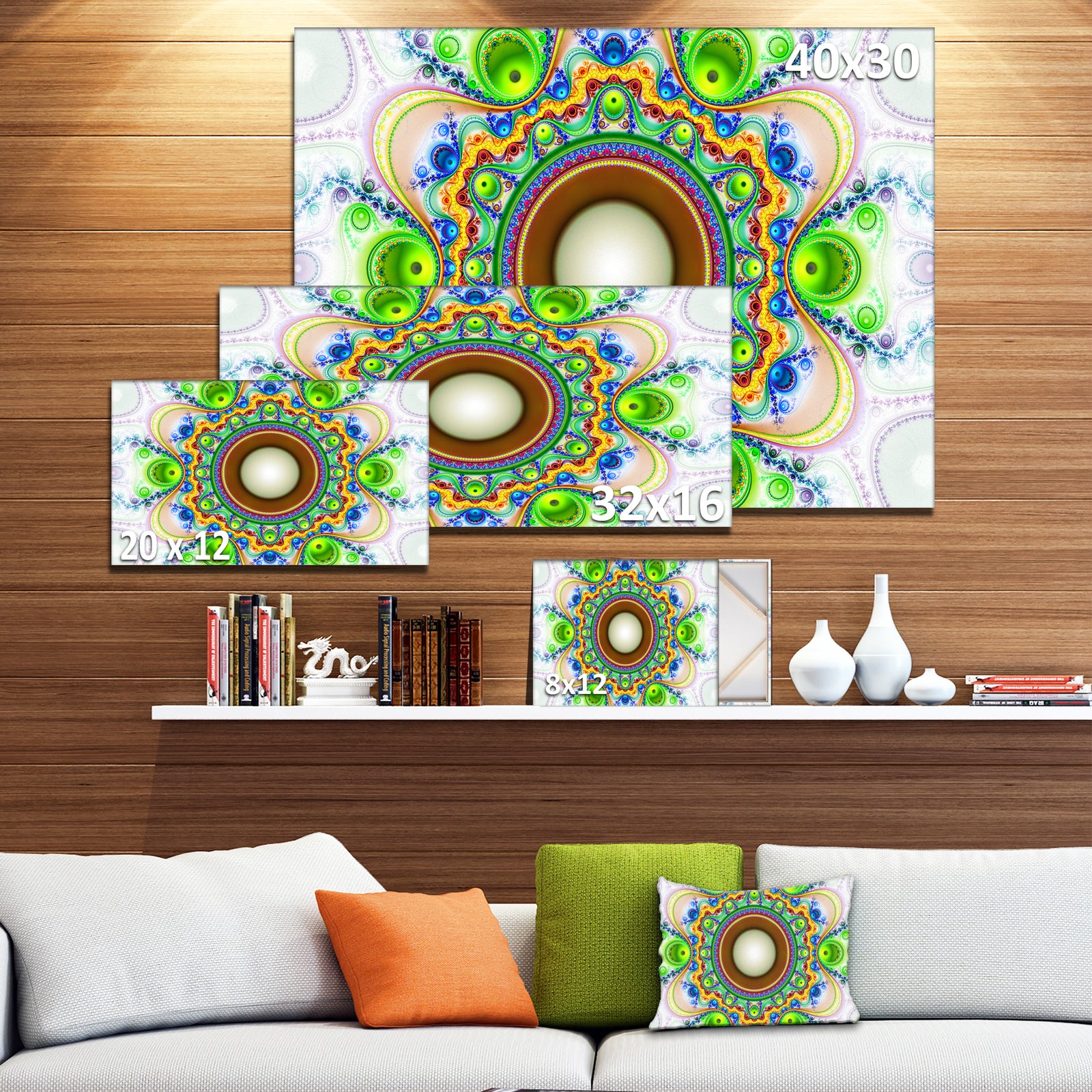 Green Fractal Circles and Waves - Large Wall Art on Canvas