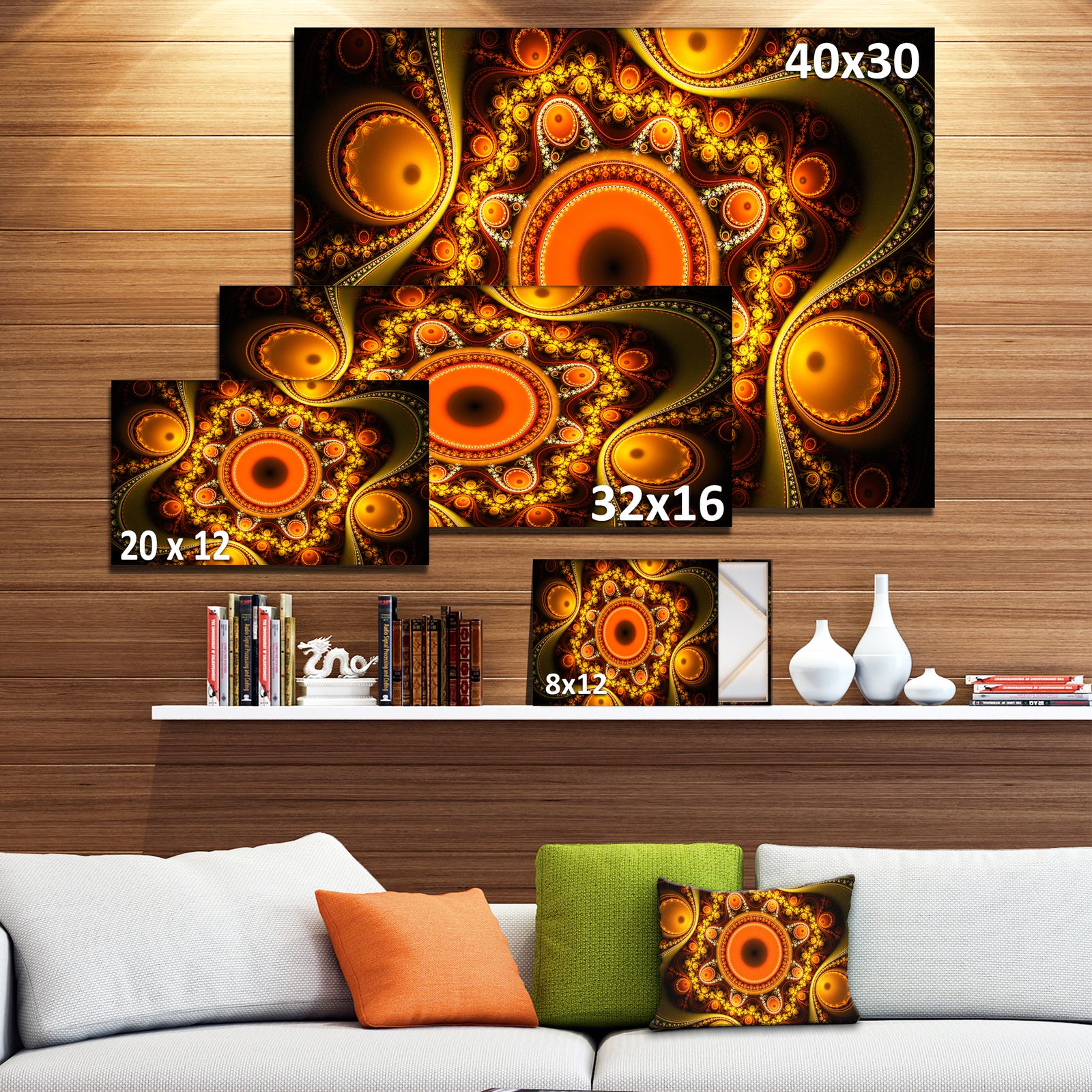 Golden Fractal Pattern with Circles - Large Wall Art on Canvas