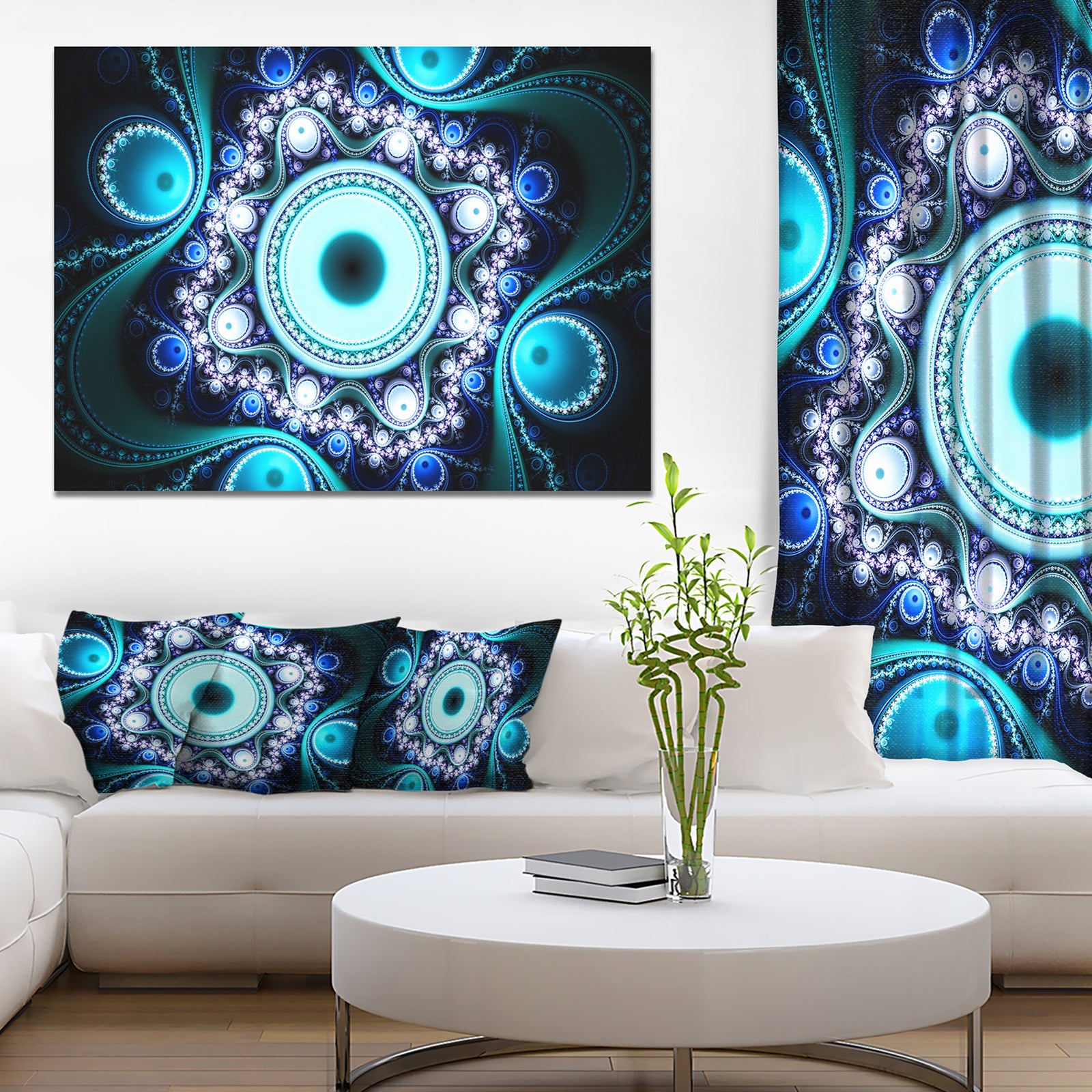 Turquoise Fractal Pattern with Circles - Large Wall Art on Canvas