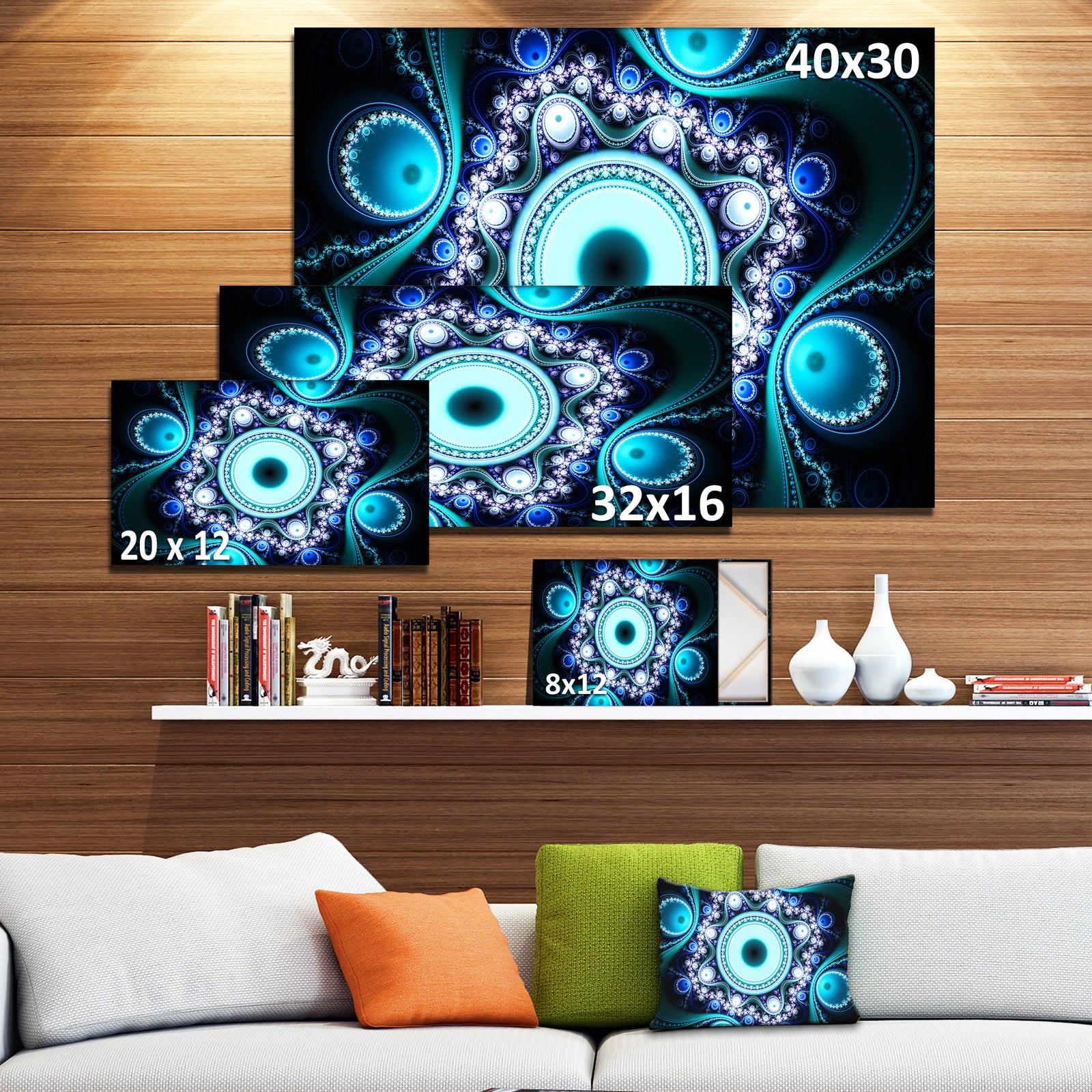 Turquoise Fractal Pattern with Circles - Large Wall Art on Canvas