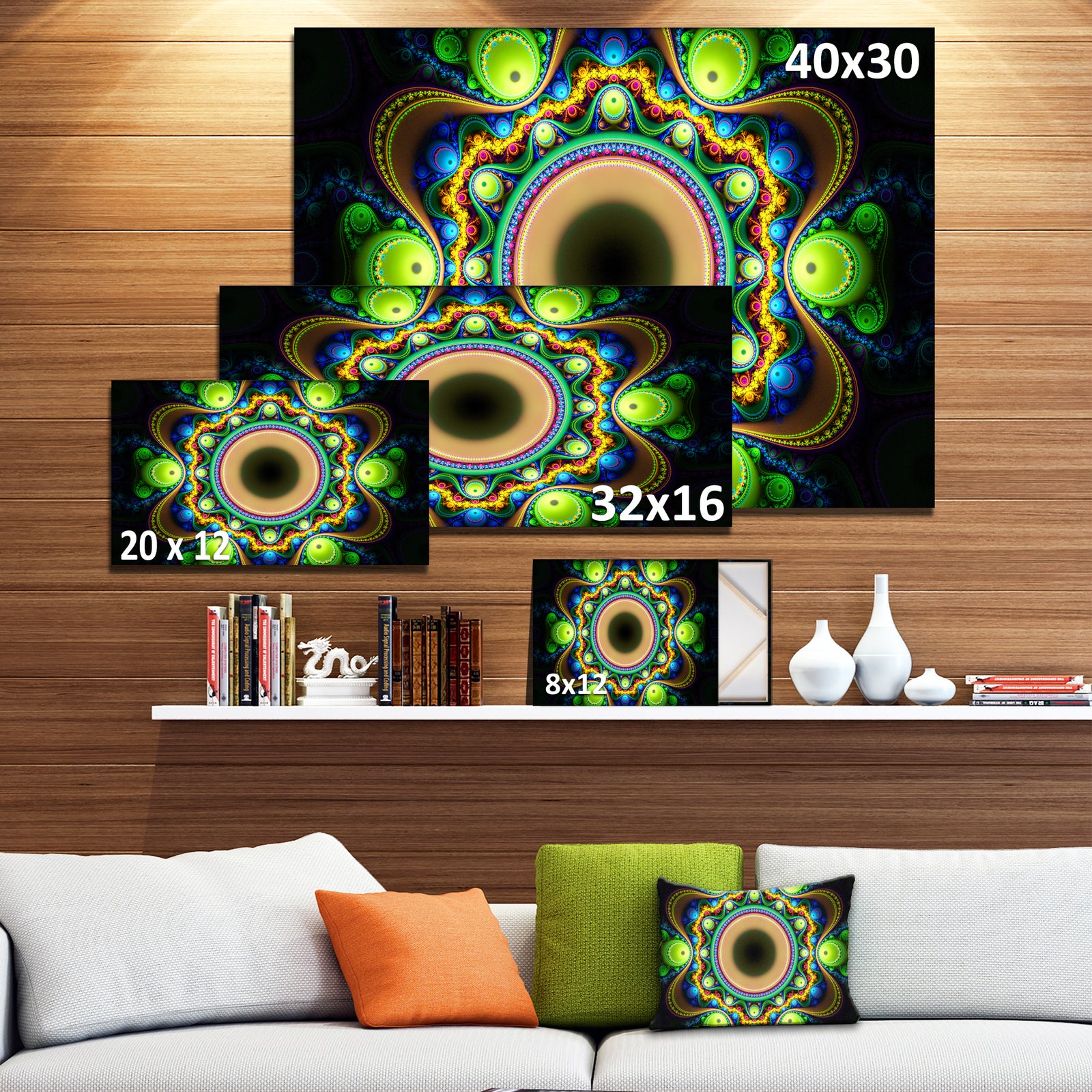 Green Fractal Pattern with Circles - Large Wall Art on Canvas