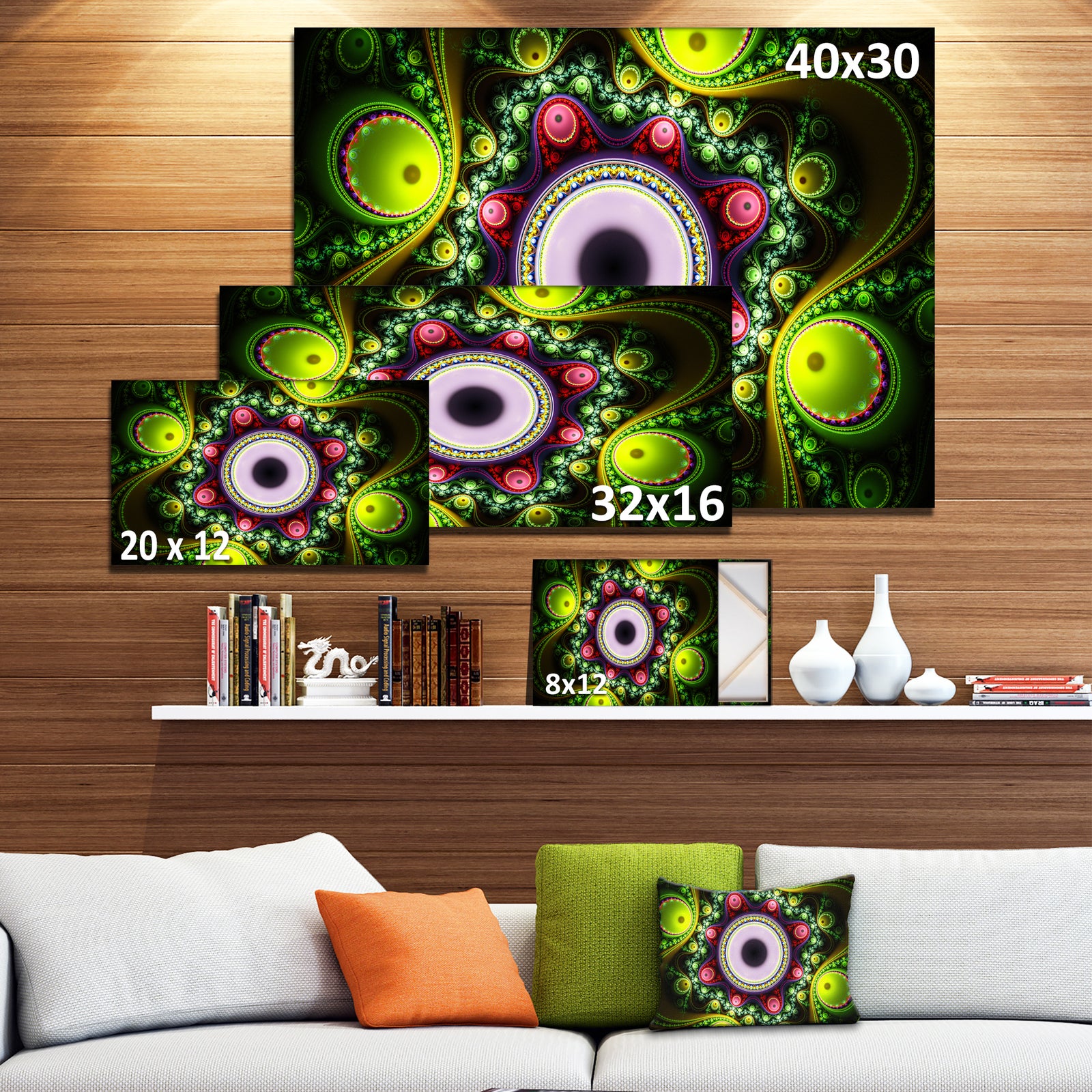 Green on Black Pattern with Circles - Large Wall Art on Canvas