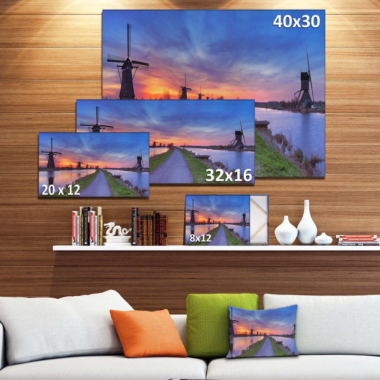 Windmills Morning Panorama - Large Glossy Canvas Art Print