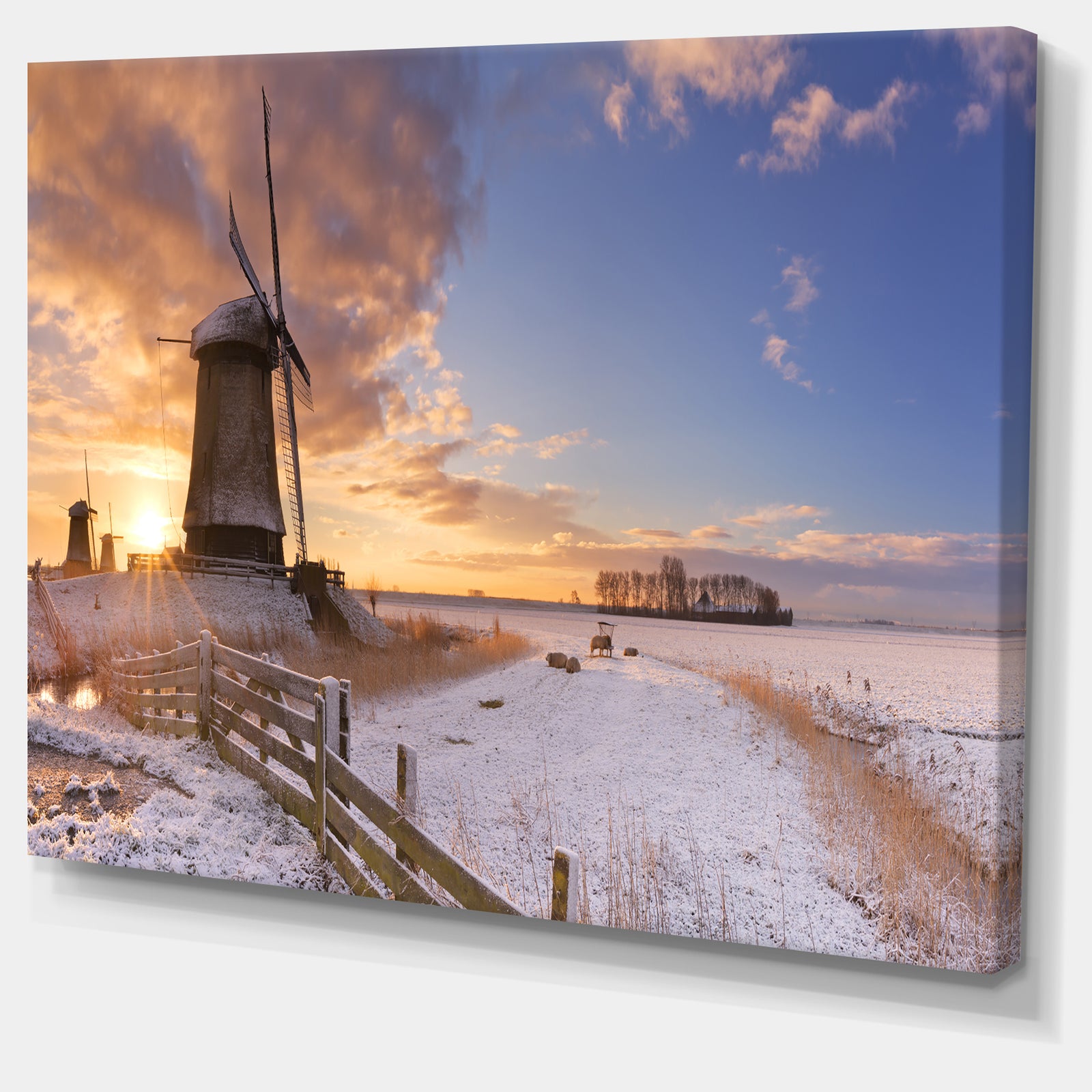 Dutch Windmills at Sunrise - Large Glossy Canvas Art Print