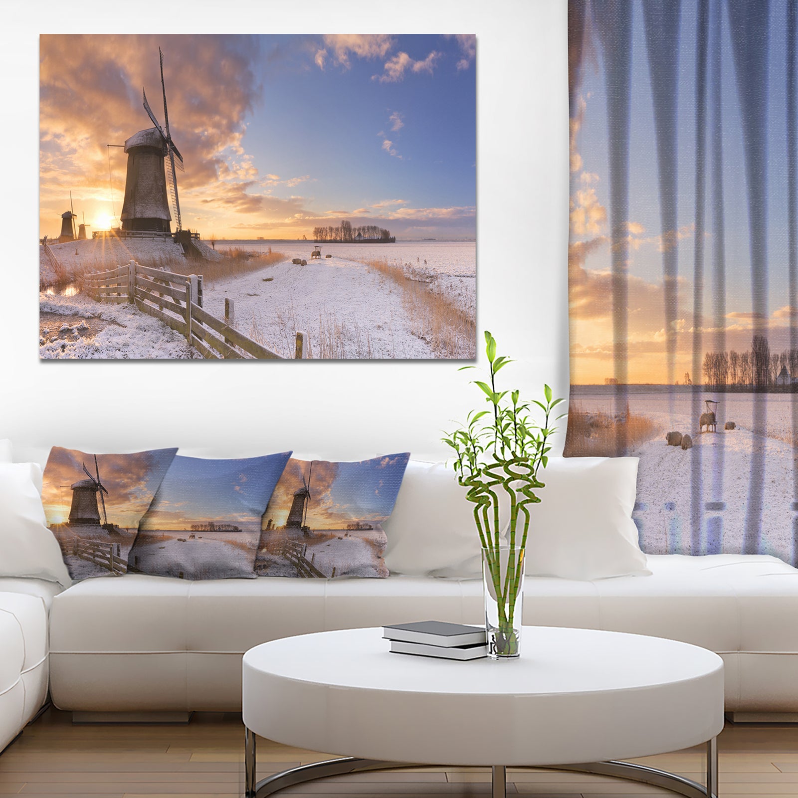 Dutch Windmills at Sunrise - Large Glossy Canvas Art Print