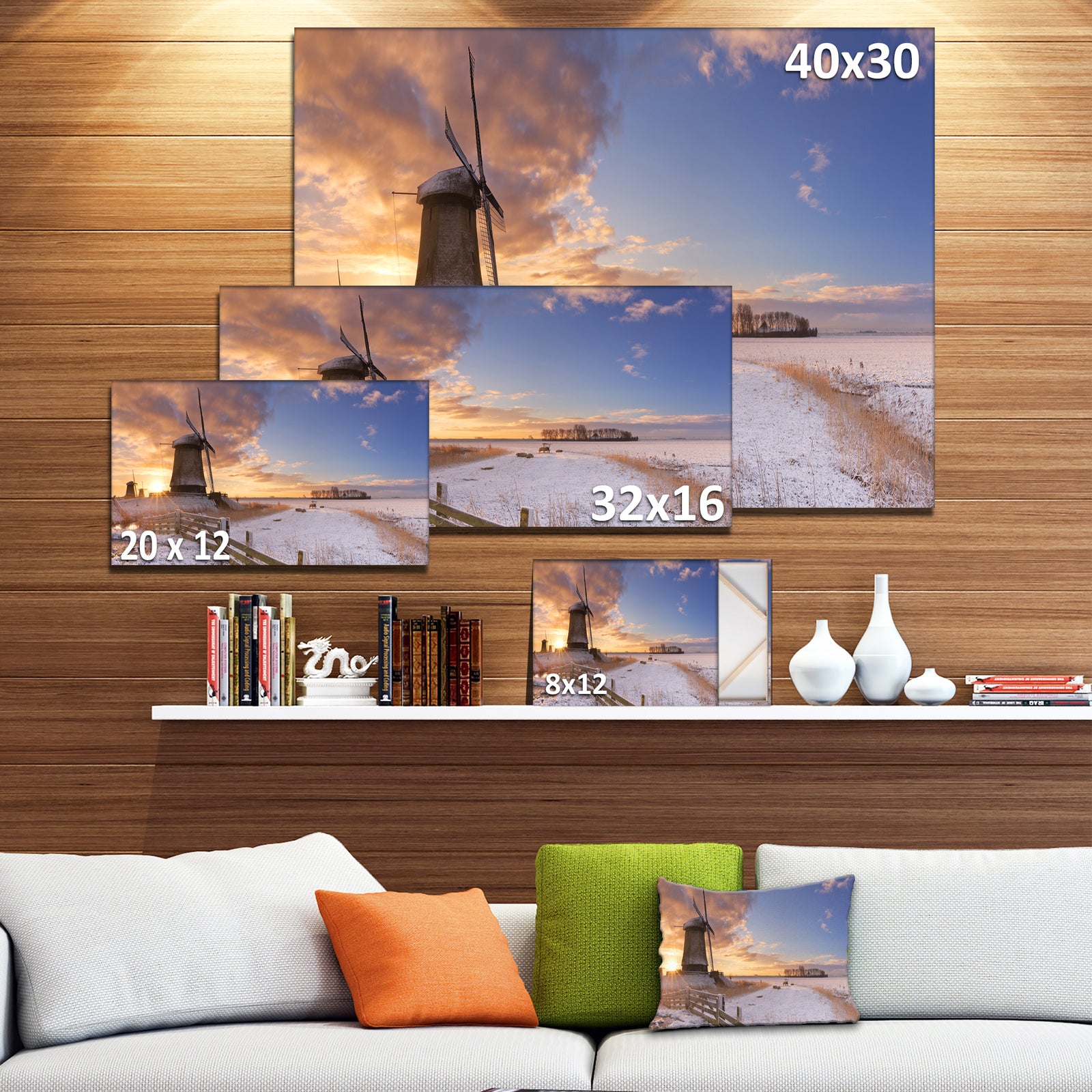 Dutch Windmills at Sunrise - Large Glossy Canvas Art Print
