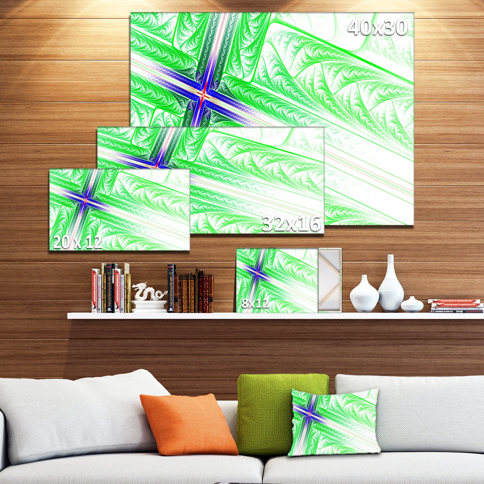 Bright Green Fractal Cross Design - Large Glossy Canvas Art Print