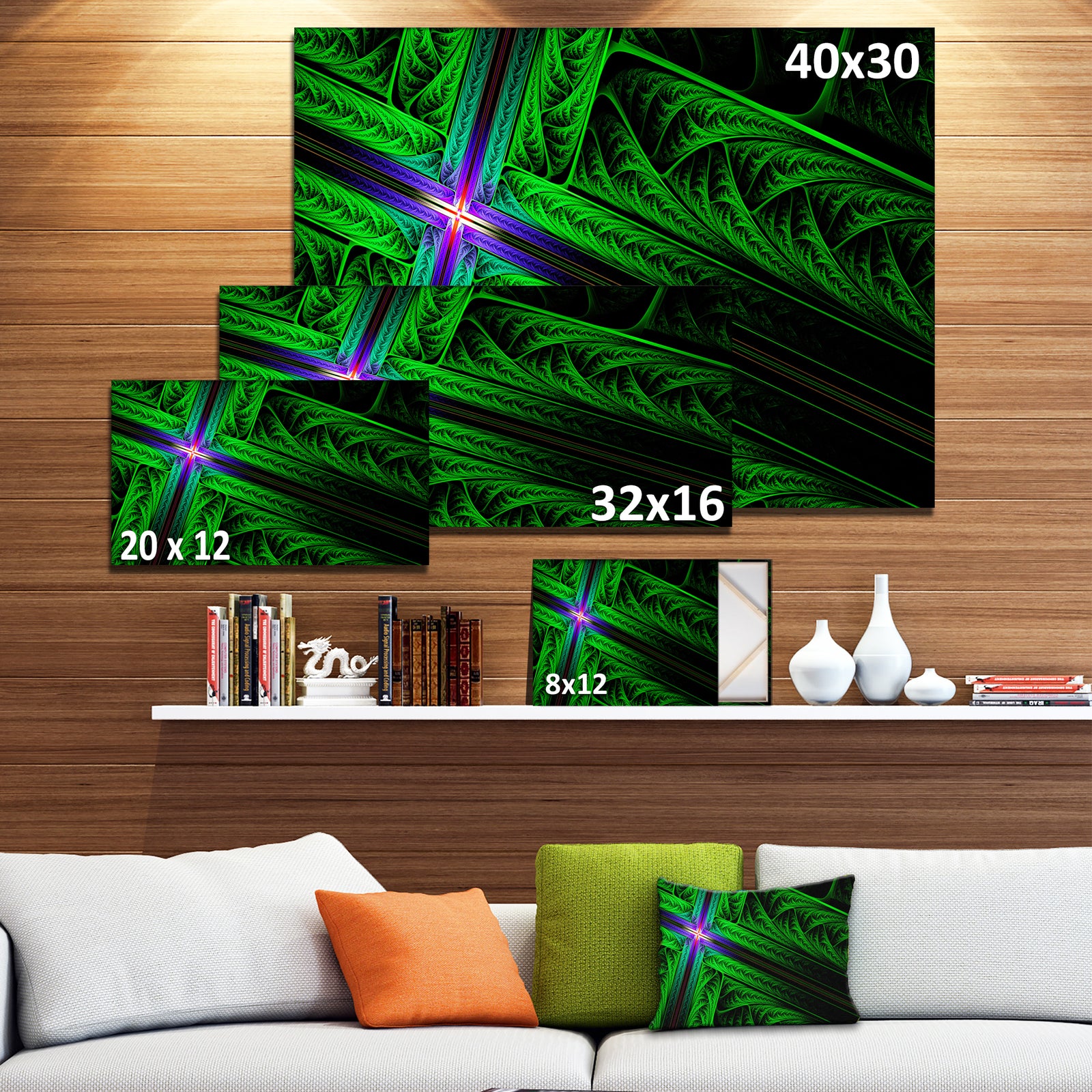 Green Fractal Cross Design - Large Glossy Canvas Art Print