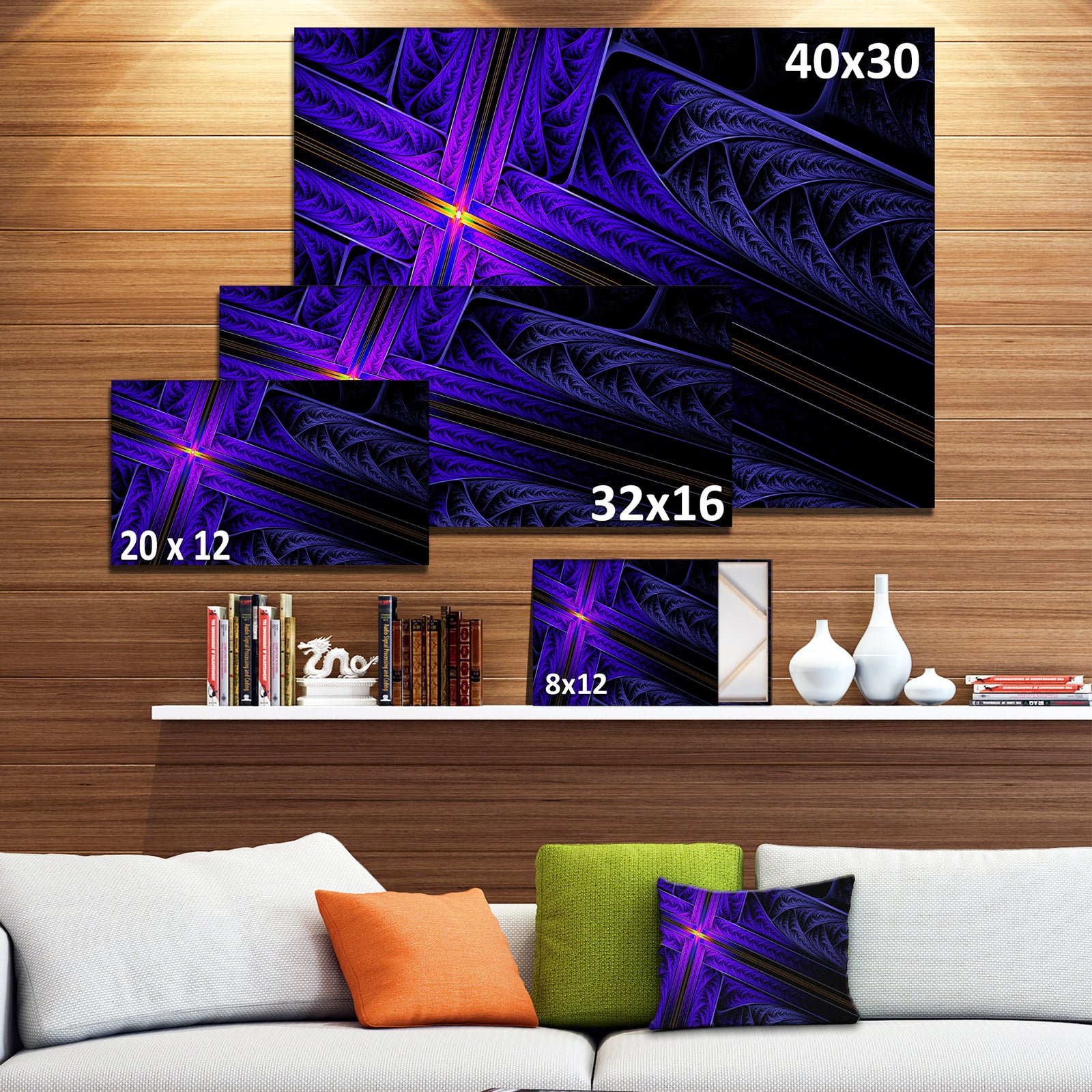 Bright Blue Fractal Cross Design - Large Glossy Canvas Art Print