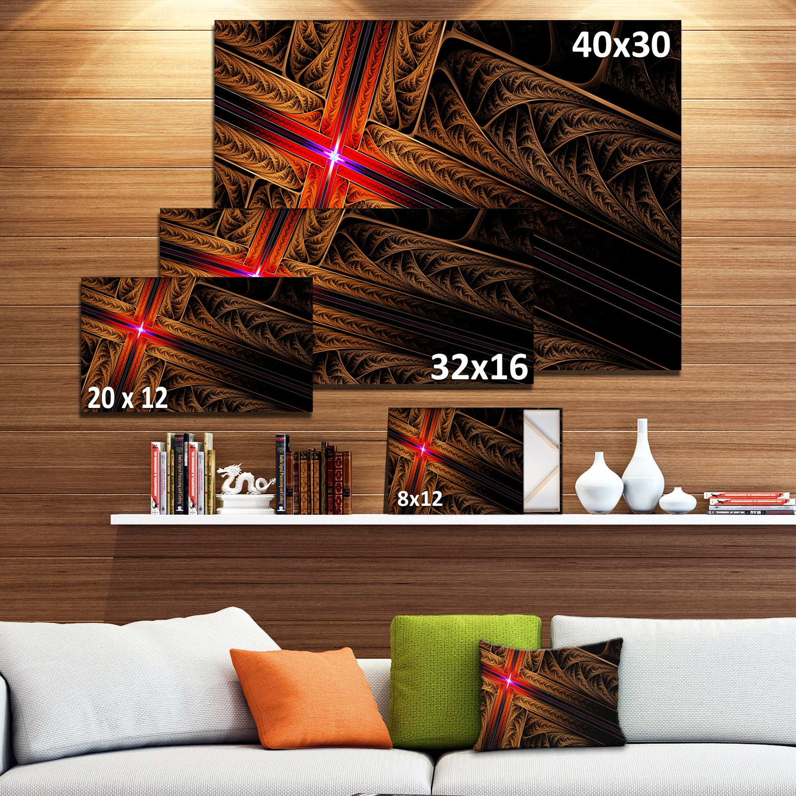 Golden Fractal Cross Design - Large Glossy Canvas Art Print
