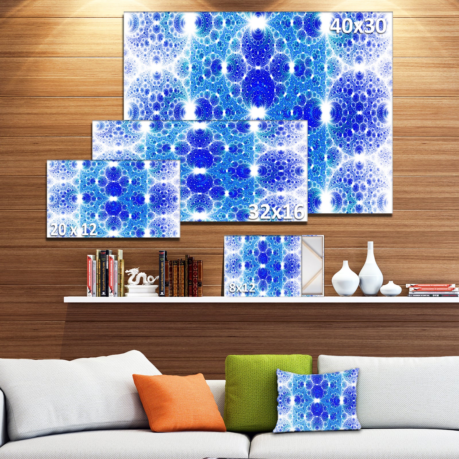 Exotic Blue Fractal Crescent Pattern'Large Abstract Canvas Art Print