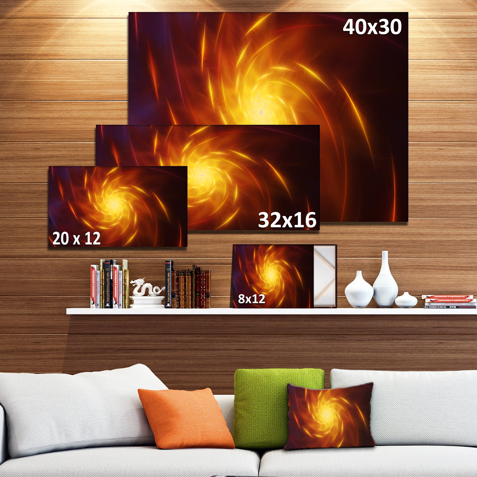 Yellow Whirlpool Fractal Spirals'Large Abstract Canvas Art Print