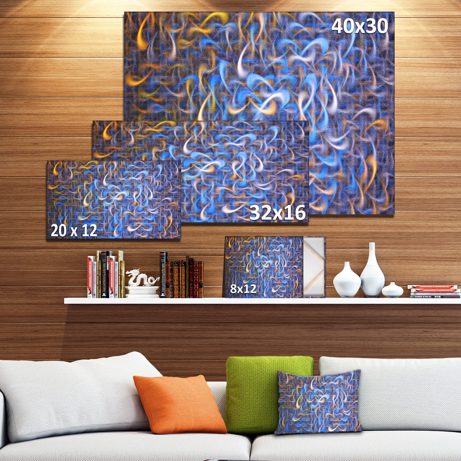 Blue Golden Watercolor Fractal Art'Large Abstract Canvas Art Print
