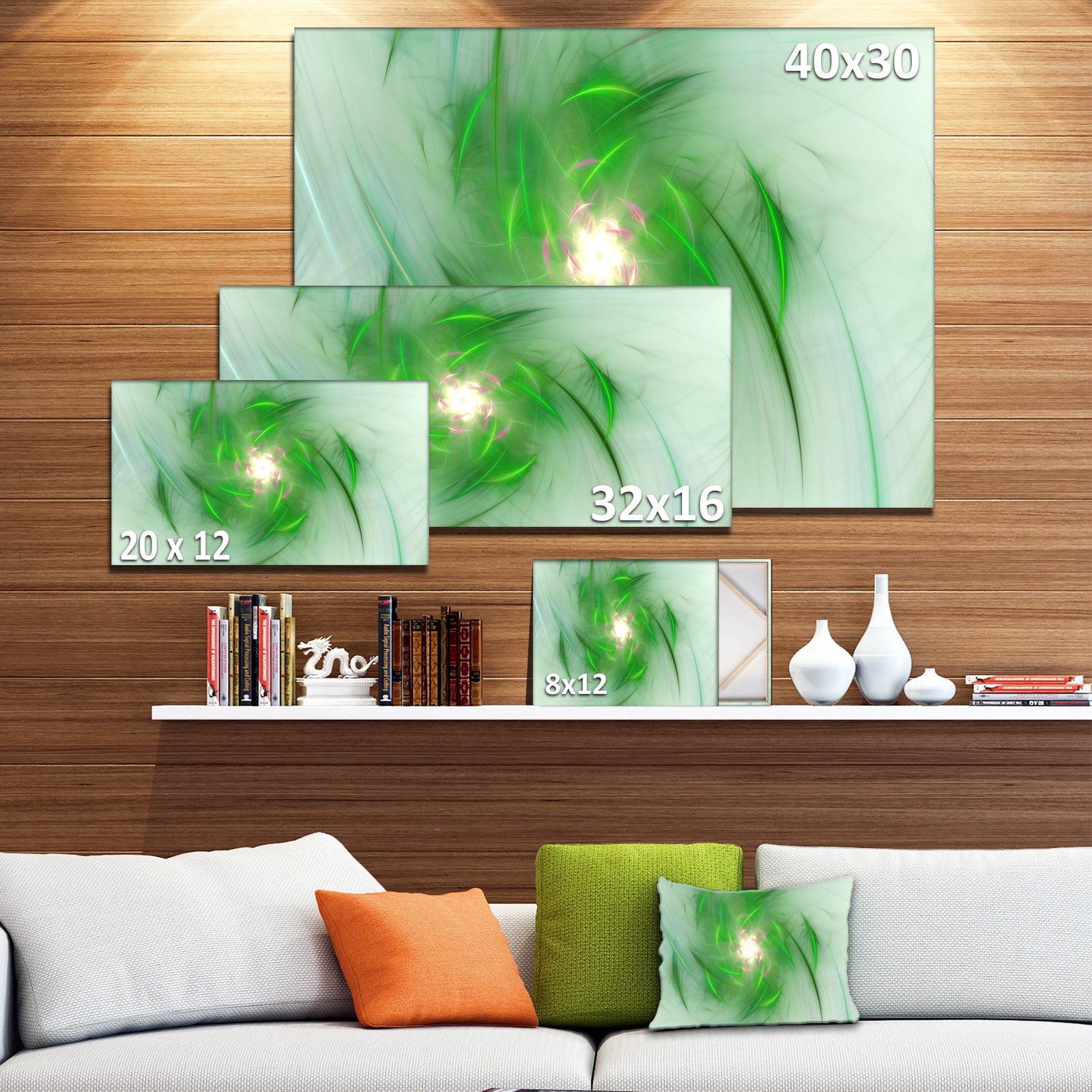 Green on White Fractal Whirlpool - Abstract Wall Art Canvas