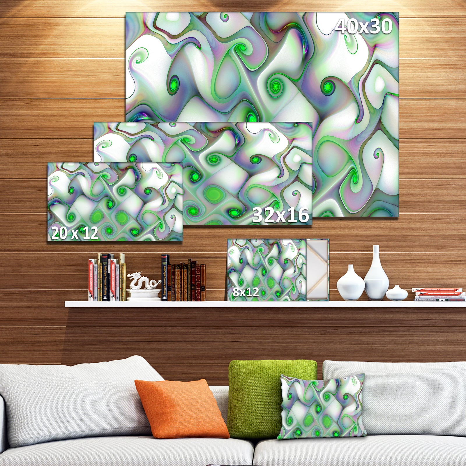 White Green Pattern with Swirls - Abstract Wall Art Canvas