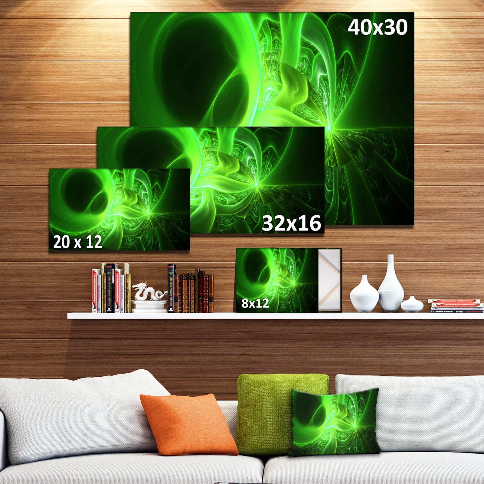 Bright Green Designs on Black - Abstract Wall Art Canvas