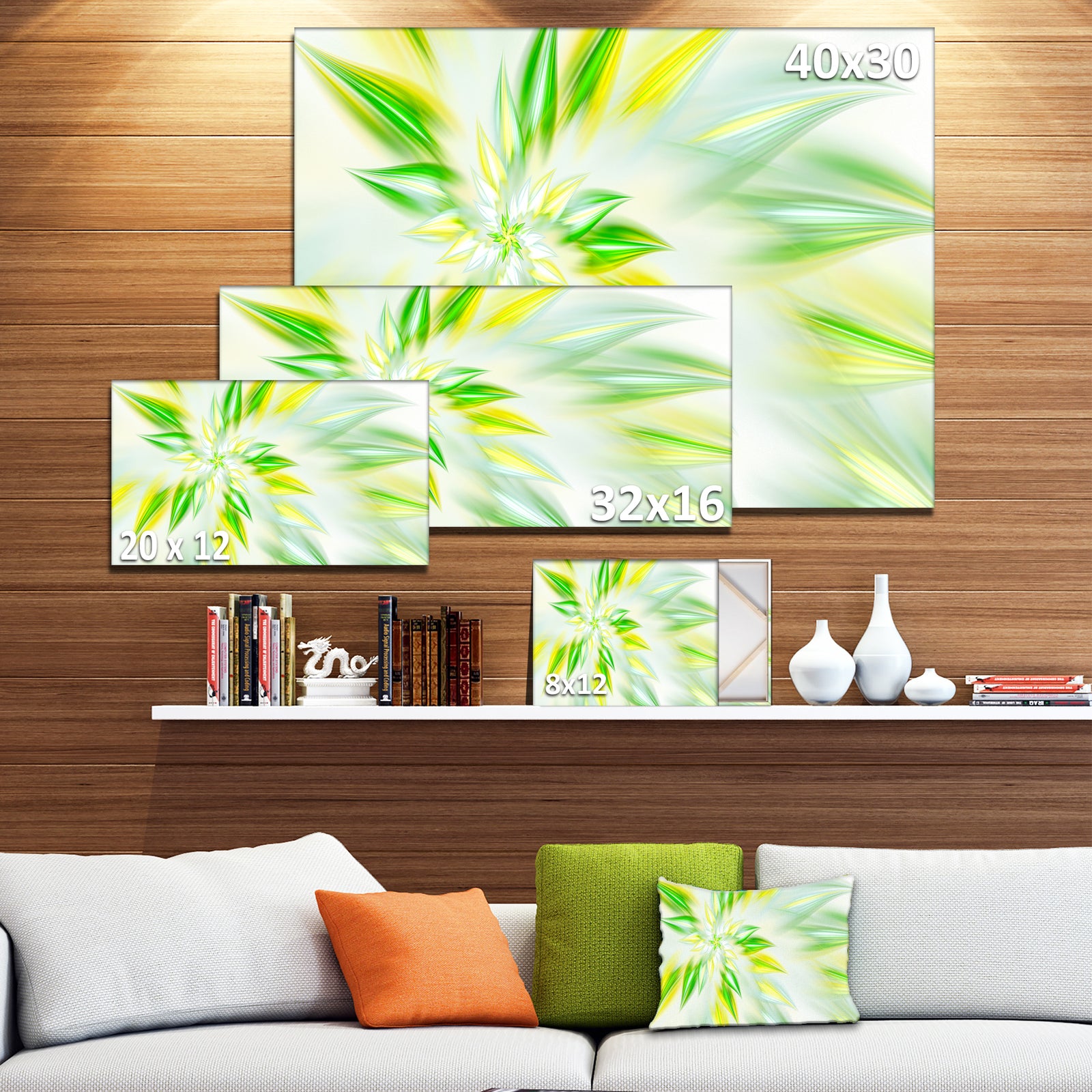 Light Green Fractal Spiral Flower - Extra Large Abstract Canvas Art Print