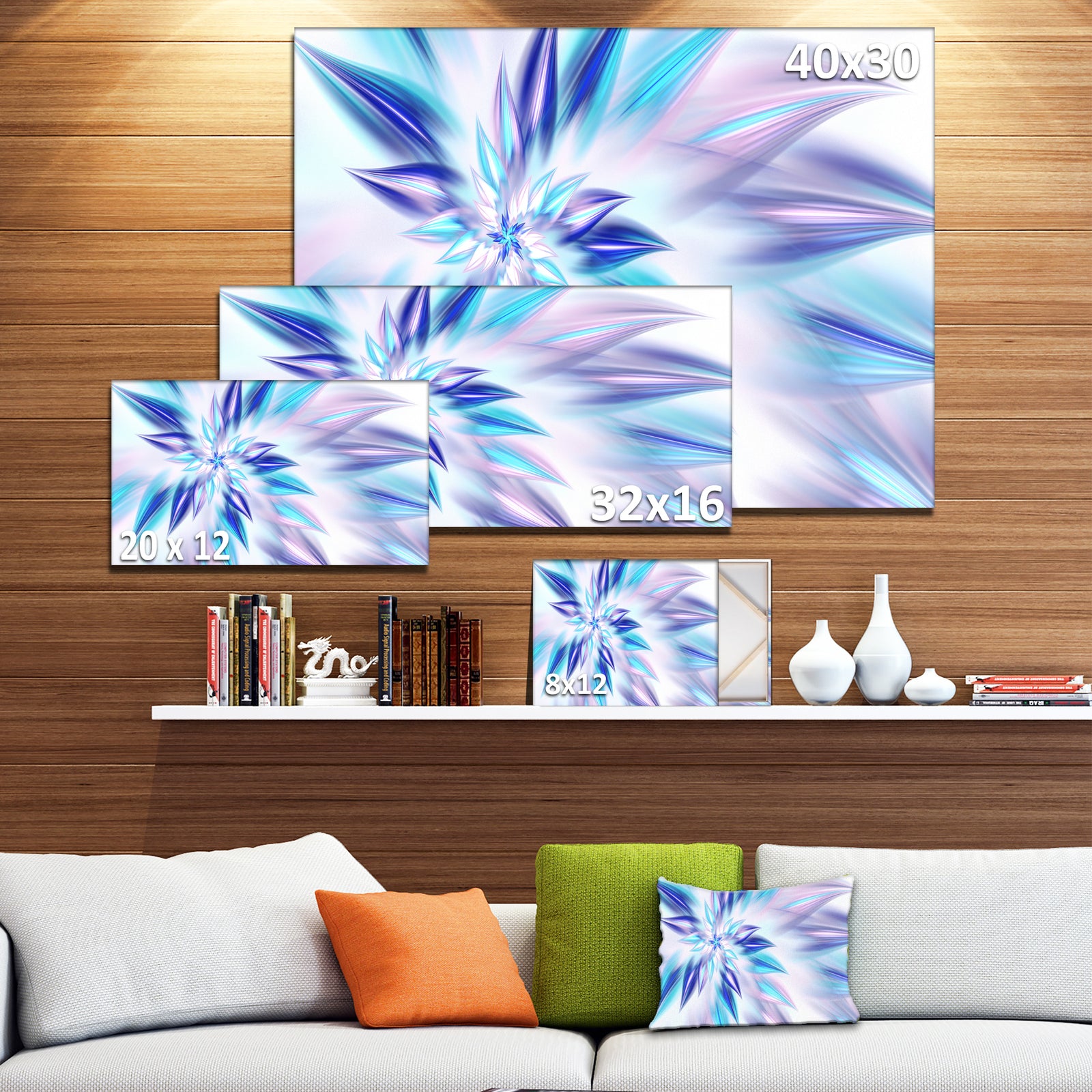Light Blue Fractal Spiral Flower - Extra Large Abstract Canvas Art Print
