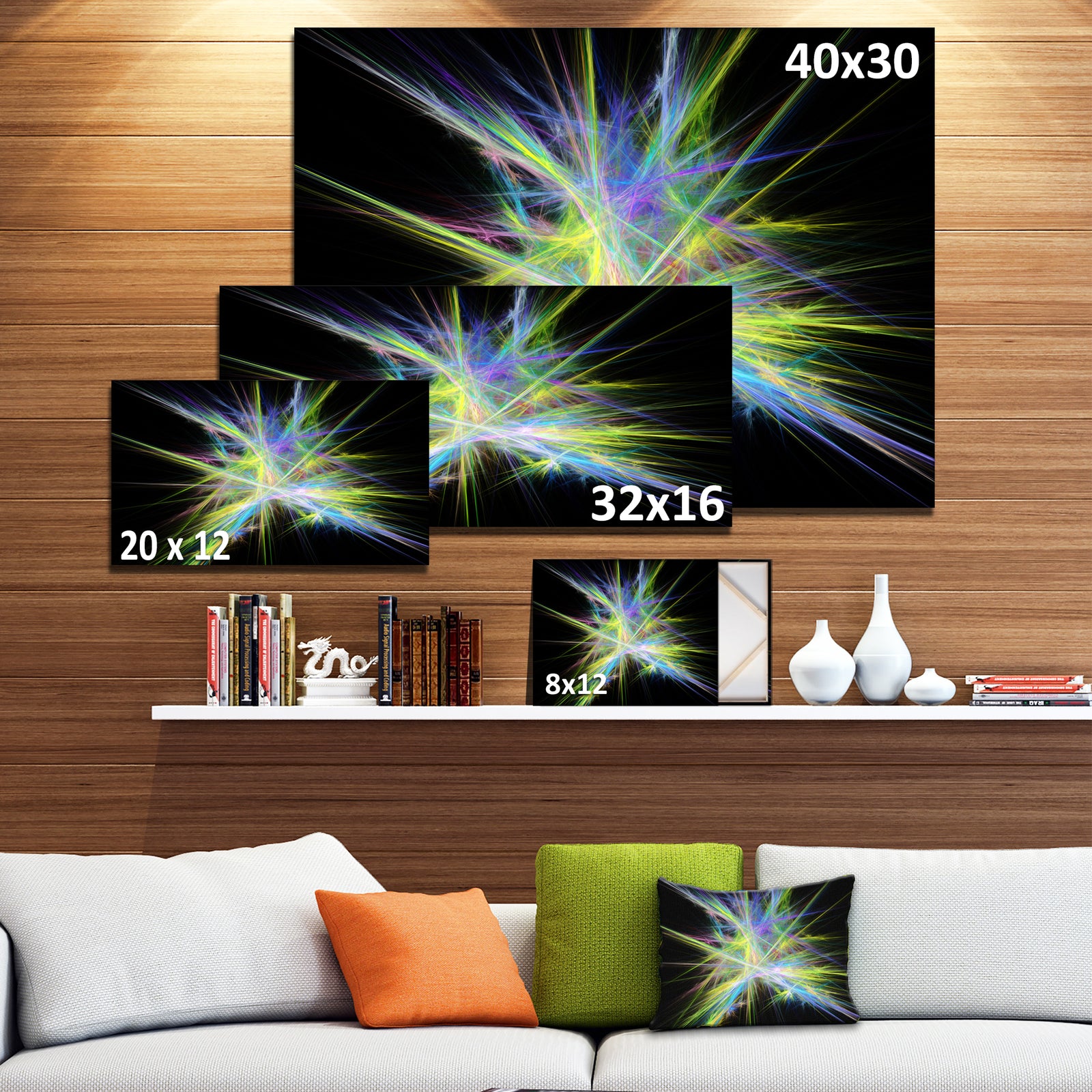 Yellow Blue Chaos Multicolored Rays - Extra Large Abstract Canvas Wall Art