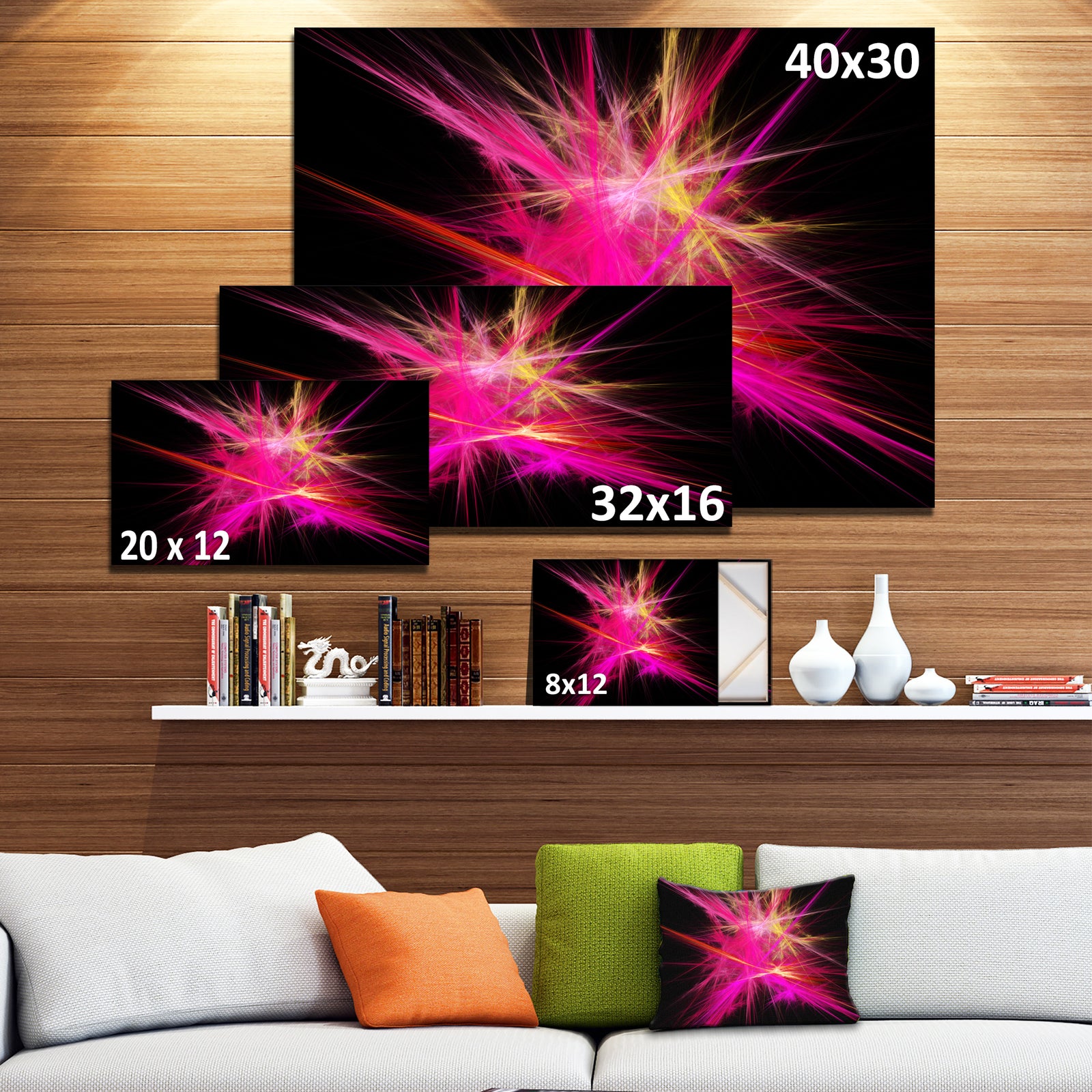 Pink Fractal Chaos Multicolored Rays - Extra Large Abstract Canvas Wall Art