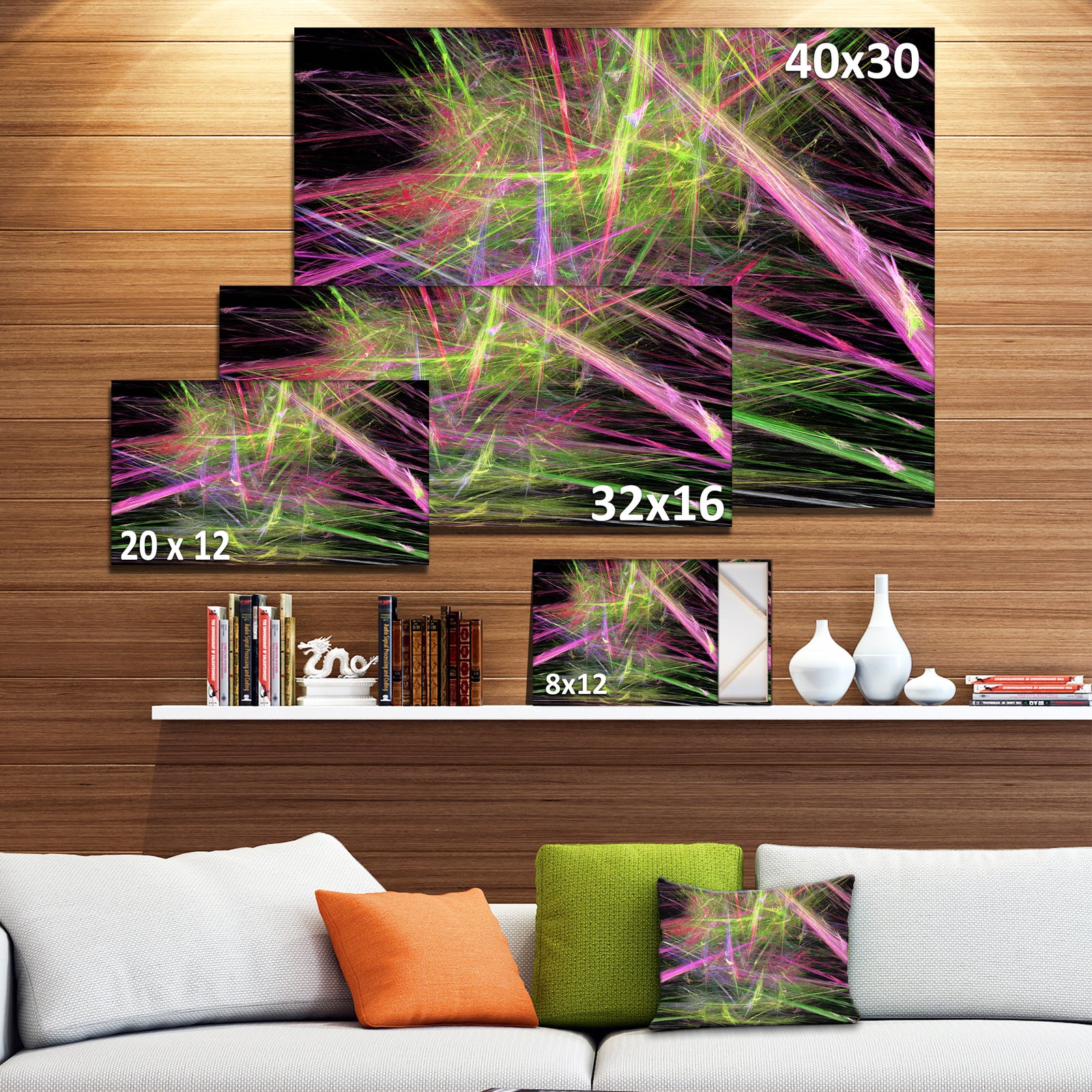 Green Pink Magical Fractal Pattern - Extra Large Abstract Canvas Wall Art