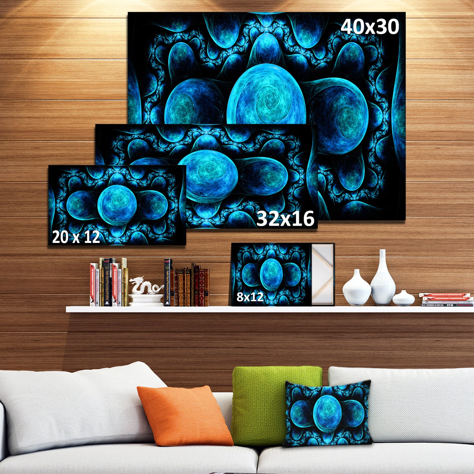 Blue Exotic Pattern on Black - Abstract Art on Canvas